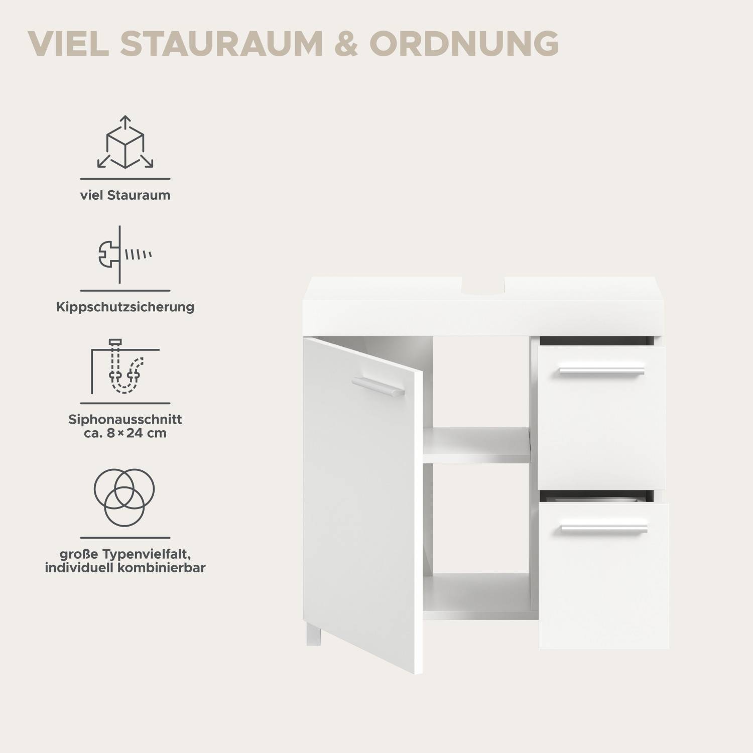 Waschtischschrank mit viel Stauraum, Siphonausschnitt und Kippschutzsicherung – Yamescoa