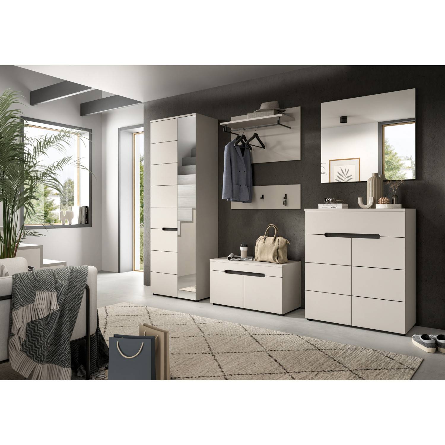 Moderne Garderobenbank in heller Diele mit weiteren Möbeln als komplettes Set – Elvadia