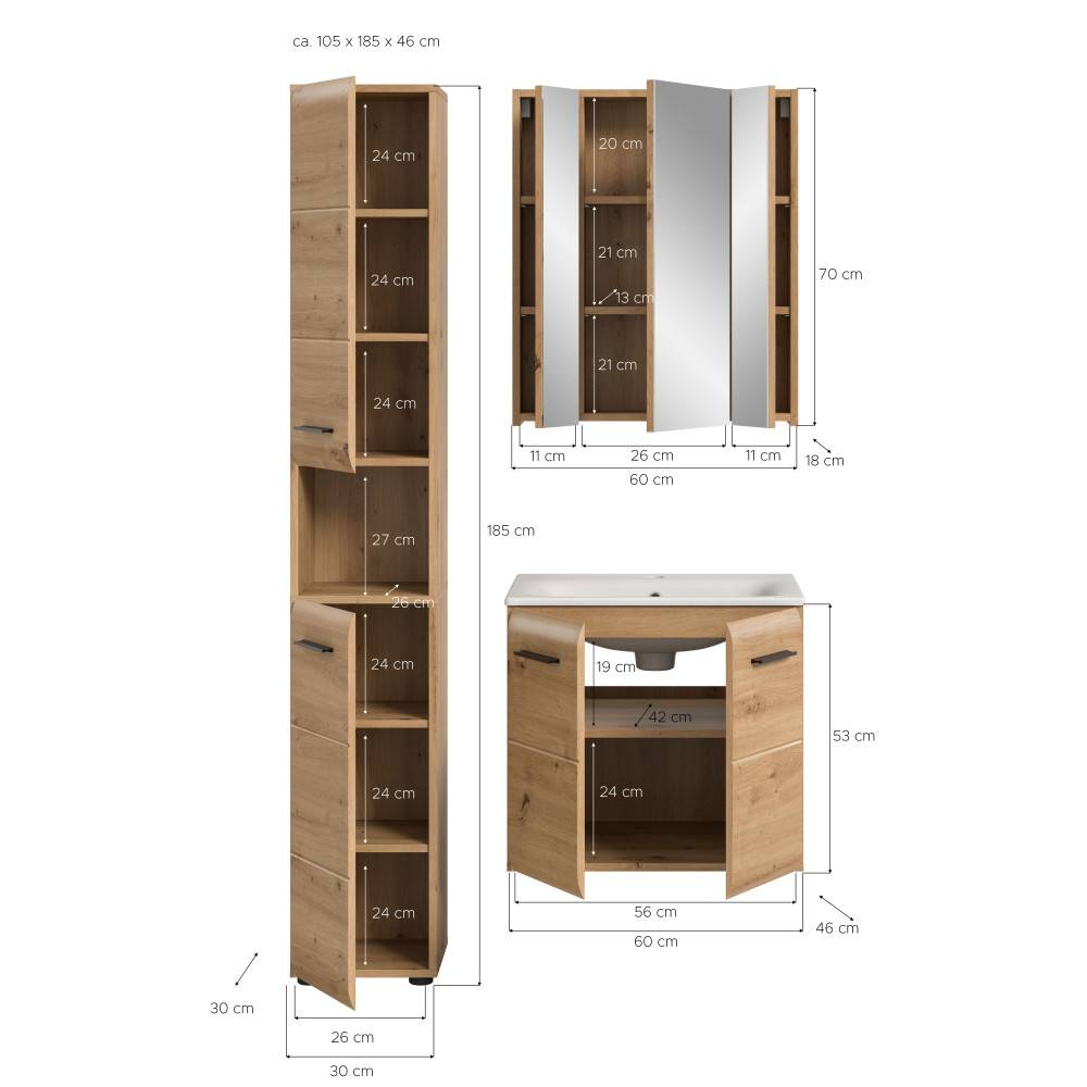 Waschplatz Set Maße und Abmessungen für Hochschrank, Spiegelschrank und Waschtischunterschrank – Canopus