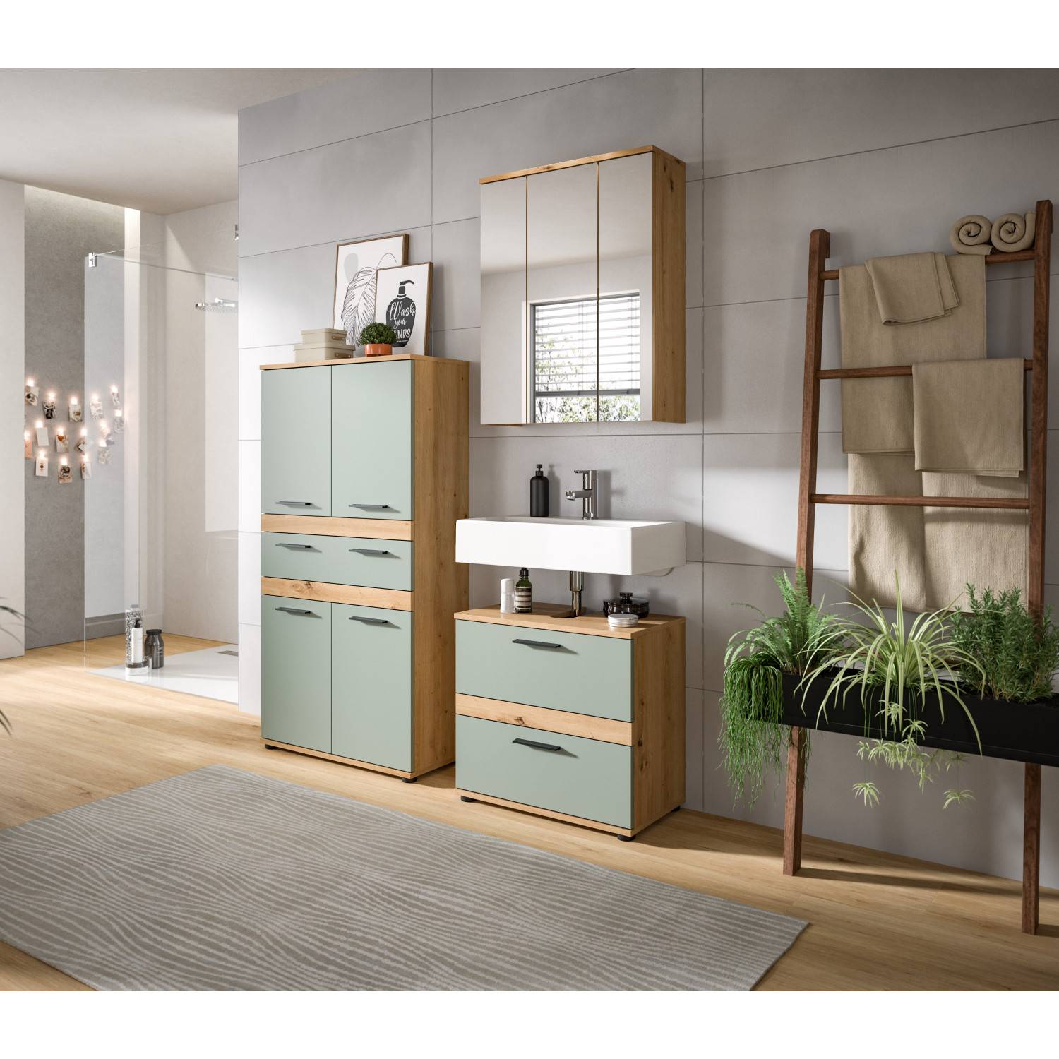 Dreiteiliges Badezimmermöbel Set in Holzoptik und Salbeigrün mit Hochschrank, Waschtischunterschrank, Spiegelschrank – Luzanos