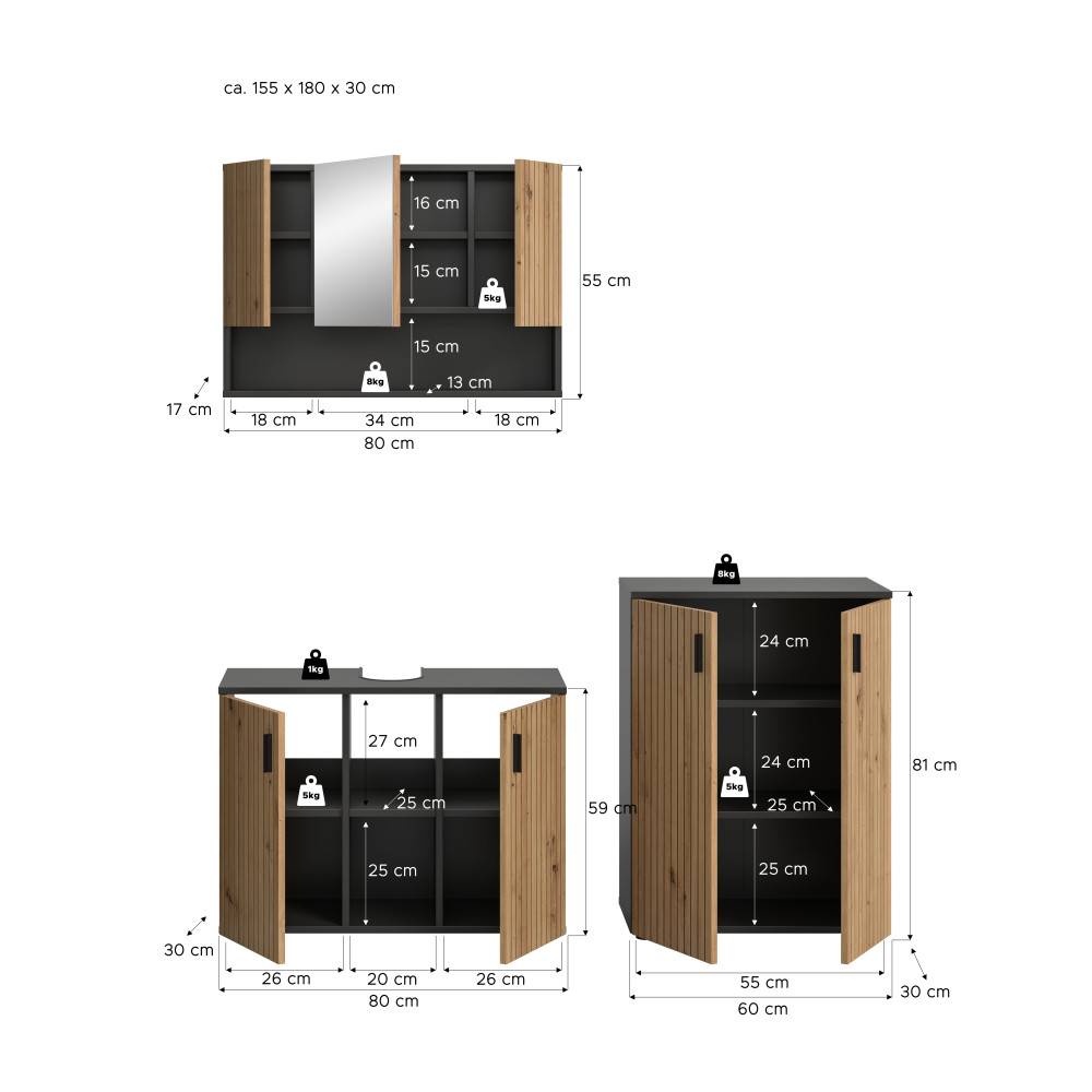 Maße und Abmessungen von Spiegelschrank, Waschtischunterschrank und Hochschrank der Badmöbel – Janny