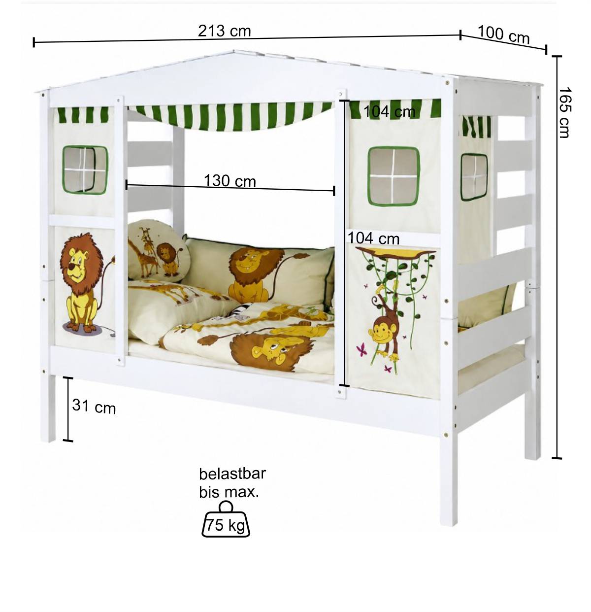 Weißes Hausbett aus Kiefernholz 90x200 Drois mit Tier Motiven
