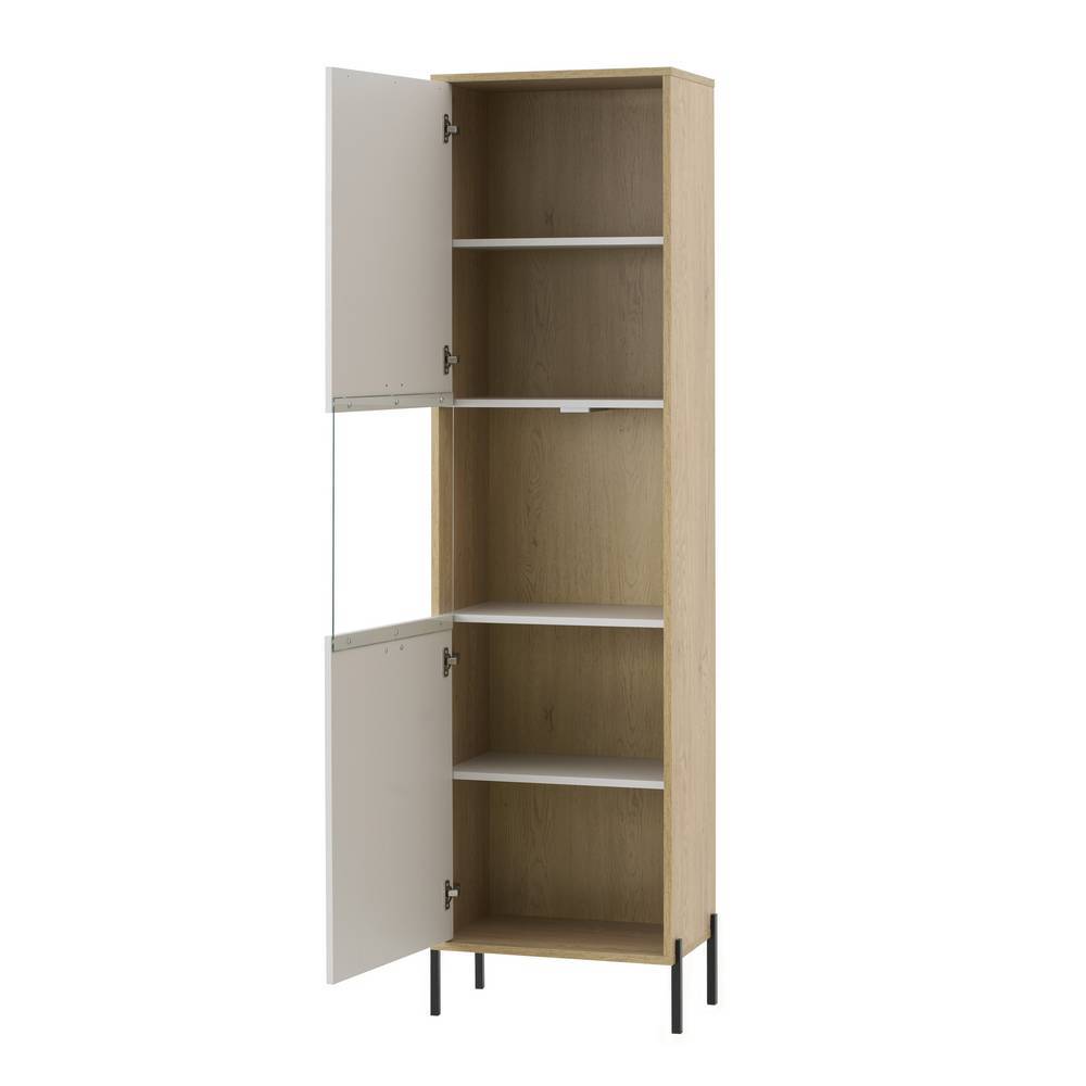 Vitrinenschrank in Eiche und Beige mit offenen Türen und praktischen Einlegeböden – Dasanti