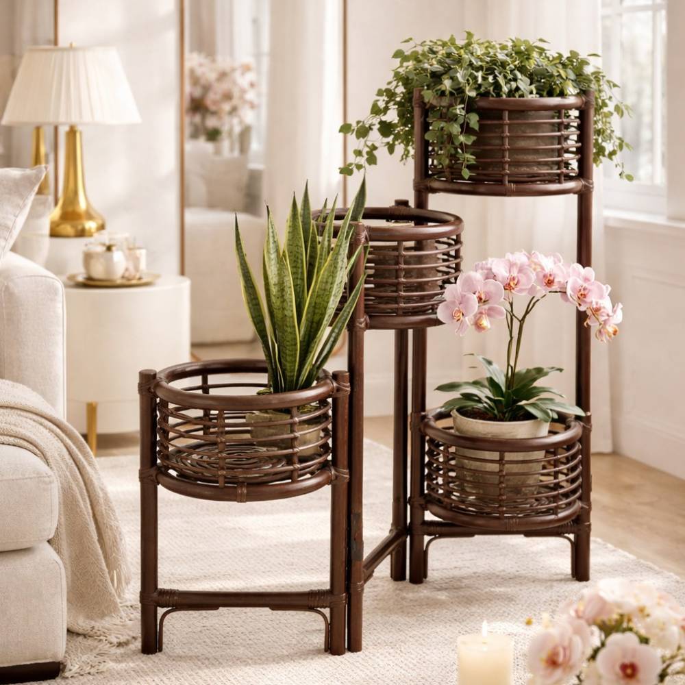 Raumteiler Blumenständer aus Rattan in Braun - Contencia