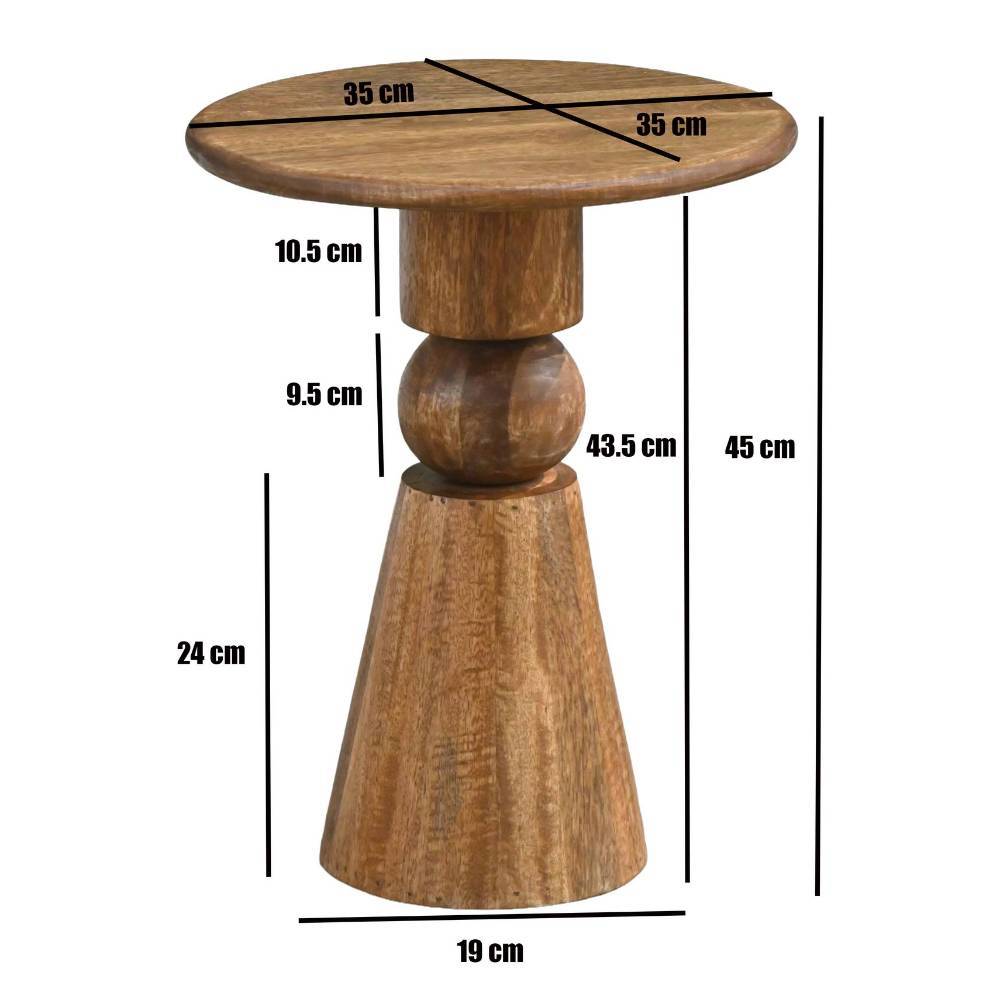 Design-Beistelltisch aus Mangoholz mit detaillierten Maßen und Abmessungen – Kolage