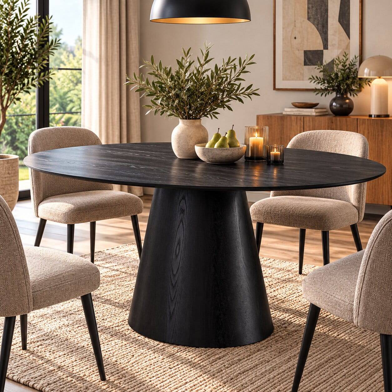 Ovaler Esstisch mit konischem Fuß in Schwarz Eiche für modernes Esszimmer – Vuschea