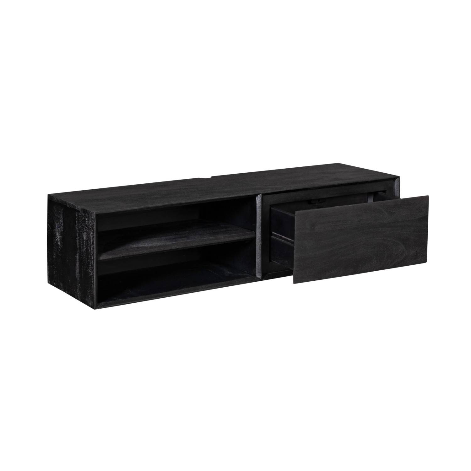 Schwarzes Industrial TV Board mit offener Schublade und Ablagefächern – Rondra