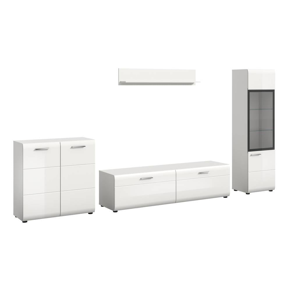 Weiße, vierteilige Wohnzimmermöbel mit Hochglanzfronten, bestehend aus Highboard und Vitrine – Clona