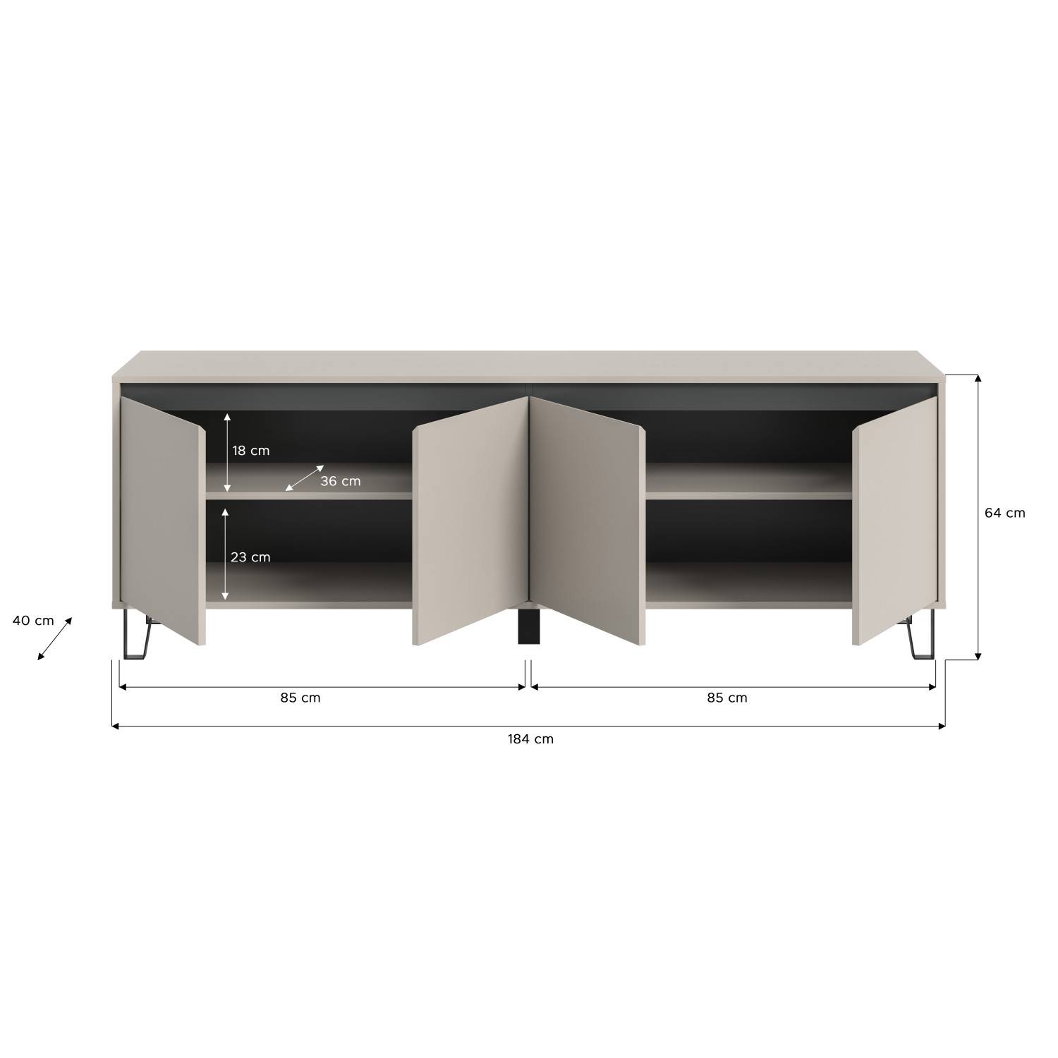 Langes TV Sideboard Maße und Abmessungen mit offenen Türen und Fächern – Binocra