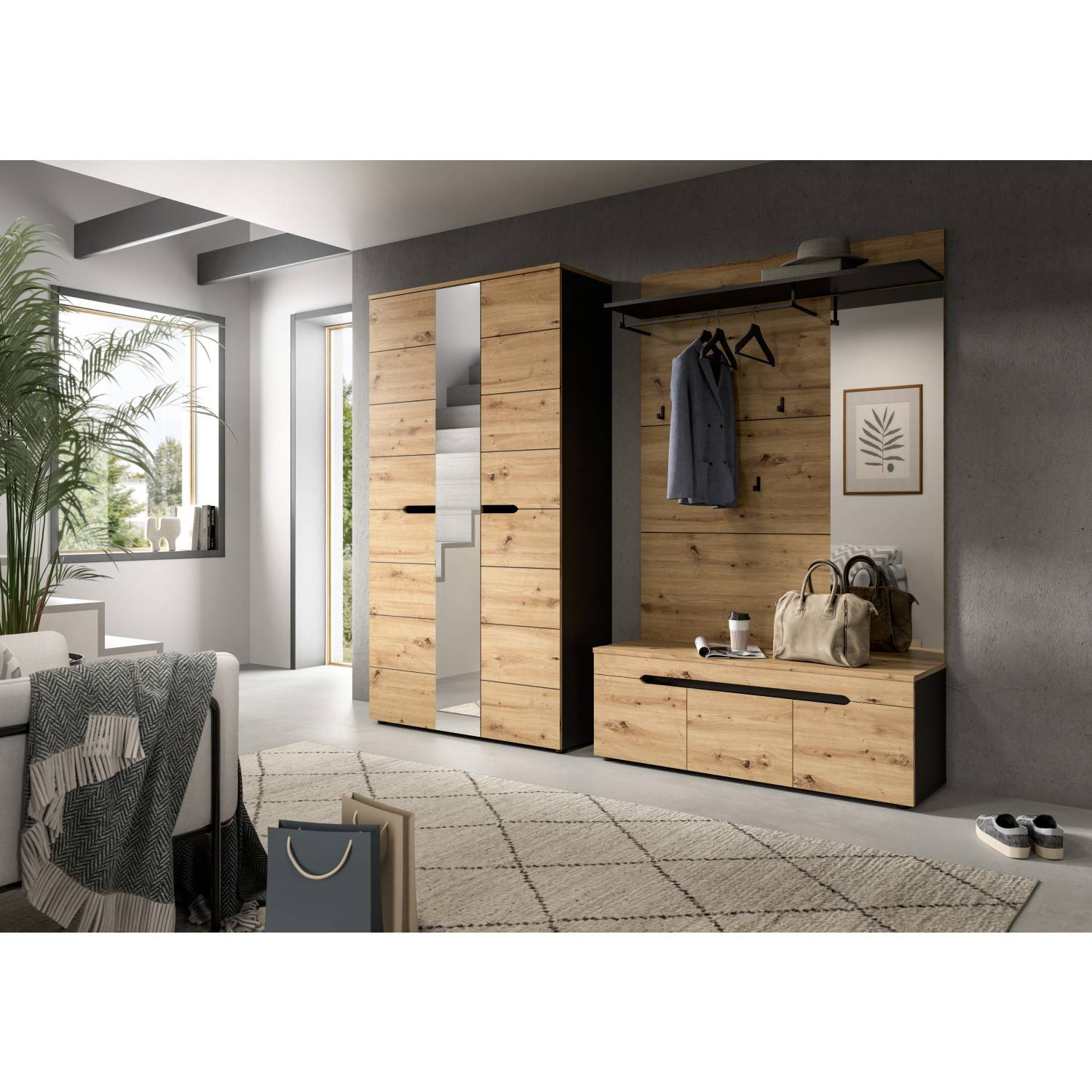 Moderne Garderobenbank in Holzoptik und Anthrazit mit passendem Schrank im Flur – Irysma