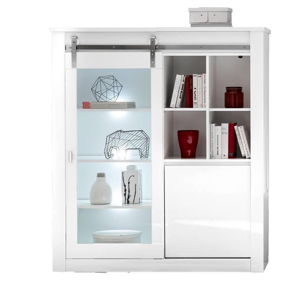 Weiße Vitrine mit Glas- und Schiebetüren, integrierter LED-Beleuchtung – Memphys