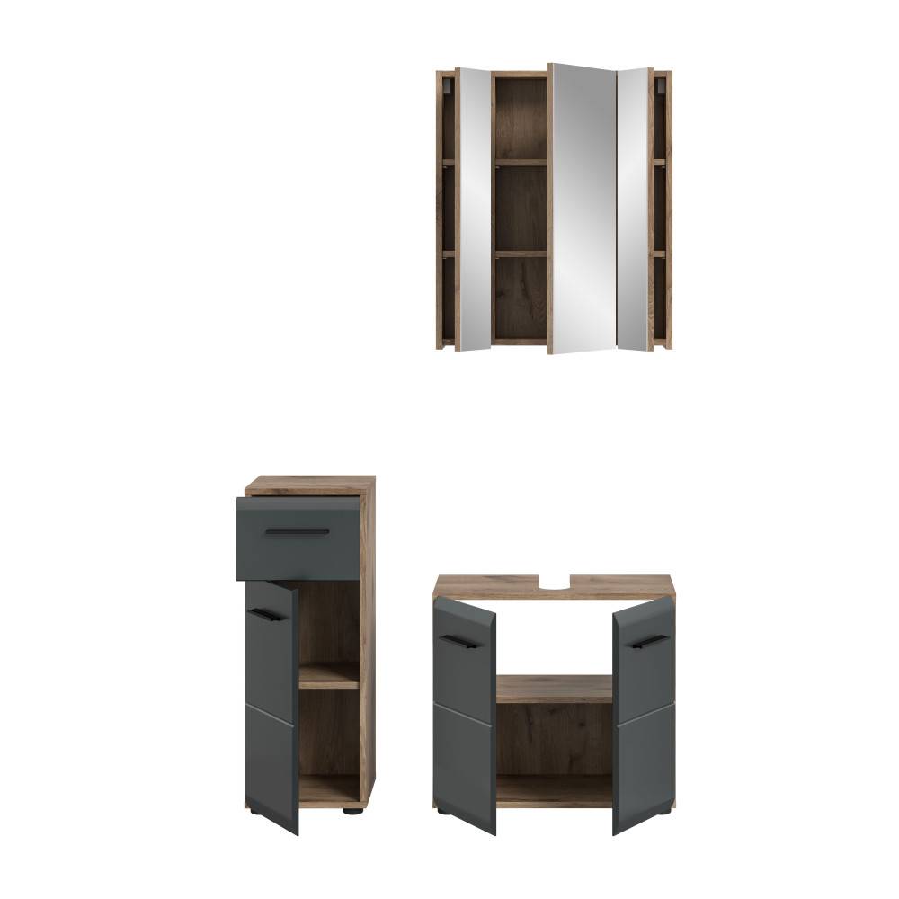 Kompaktes 3-teiliges Waschplatz Set mit Spiegelschrank, Hochschrank und Unterschrank in Holzoptik und Anthrazit – Karina