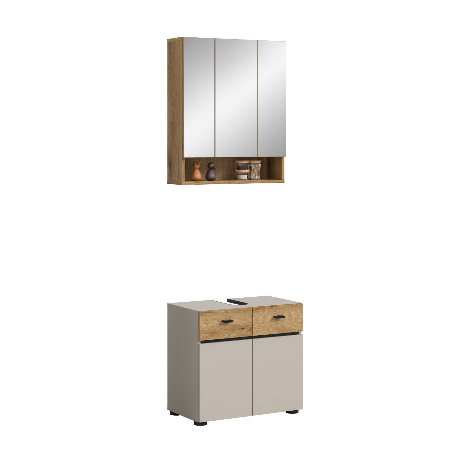 Modernes Waschplatz Set in Kaschmir und Eiche mit Spiegelschrank und Waschtischunterschrank für Ihr Badezimmer – Majoristo