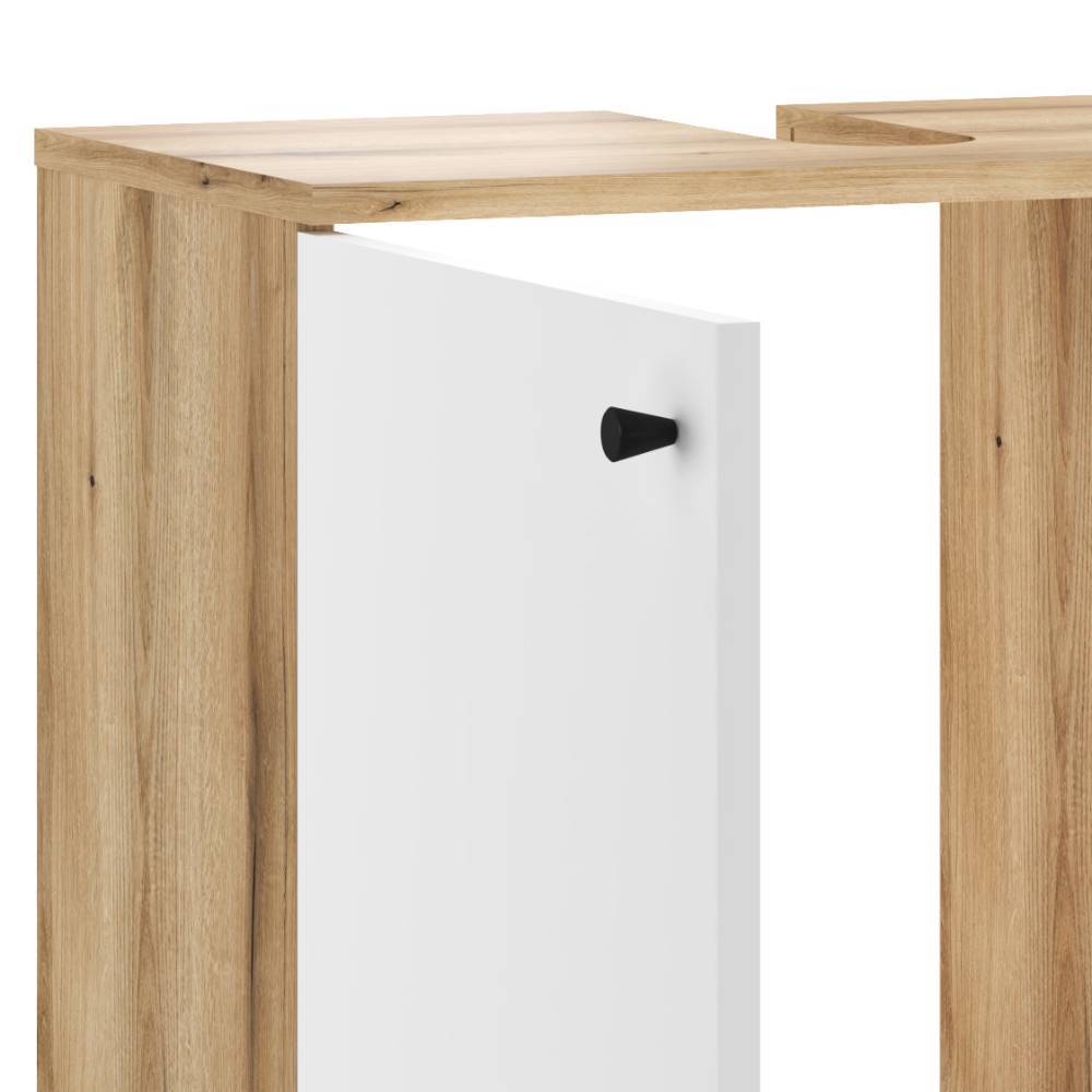 Weißer Badschrank aus dem 5-teiligen Set mit offener Tür und schwarzem Griff – Naviron