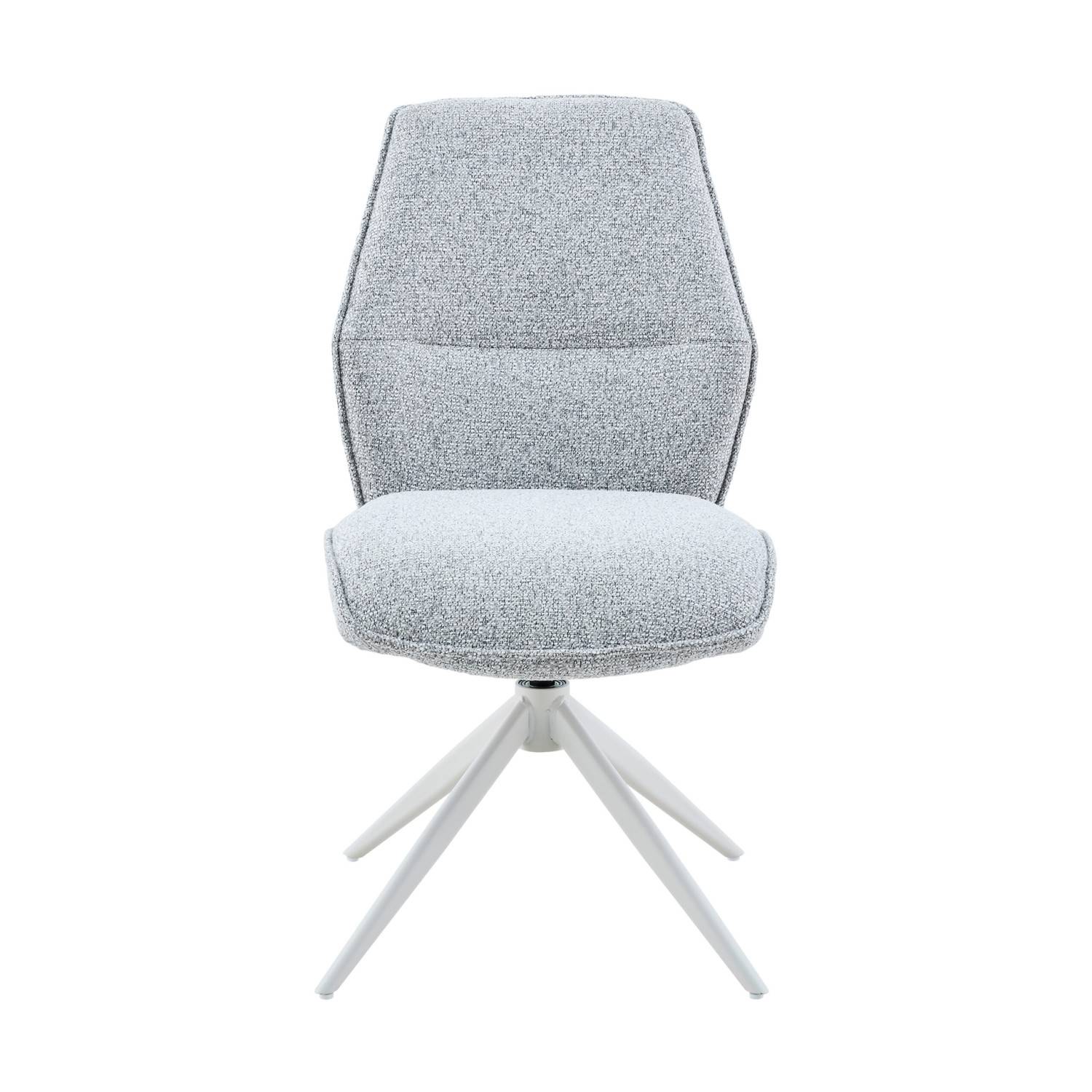 Stylisher Polsterstuhl mit hellem Stoffbezug und weißem Spinngestell frontal – Eviliamo