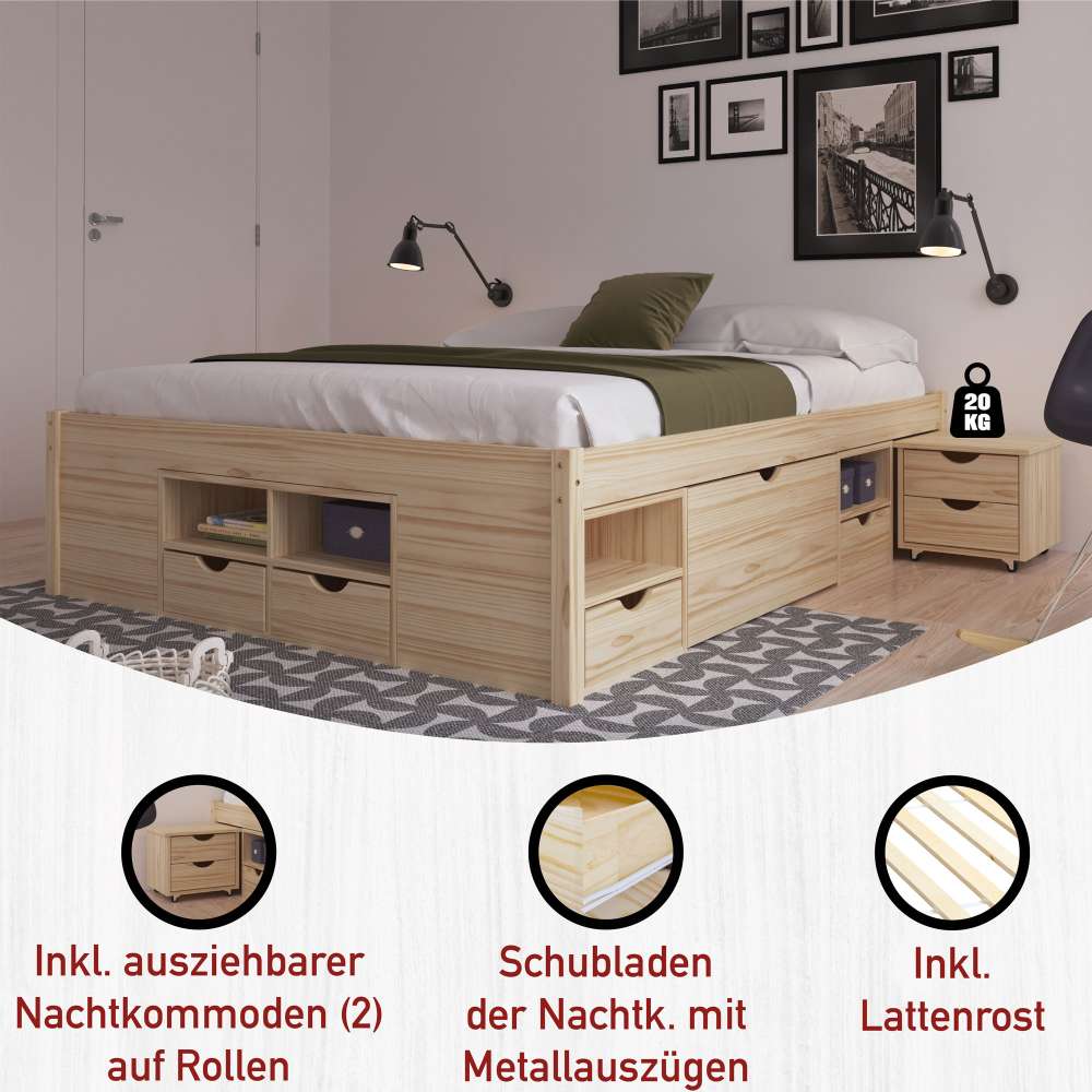 Schubladenbett Oladrios aus Kiefer massiv (dreiteilig)