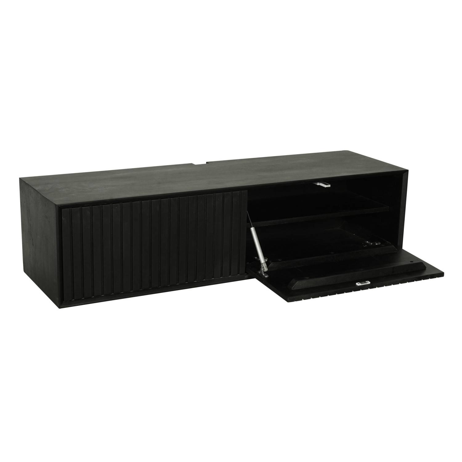 Schwarzes TV Sideboard mit Rillenfront und geöffneter Klappe, Inneneinteilung sichtbar – Jusitc