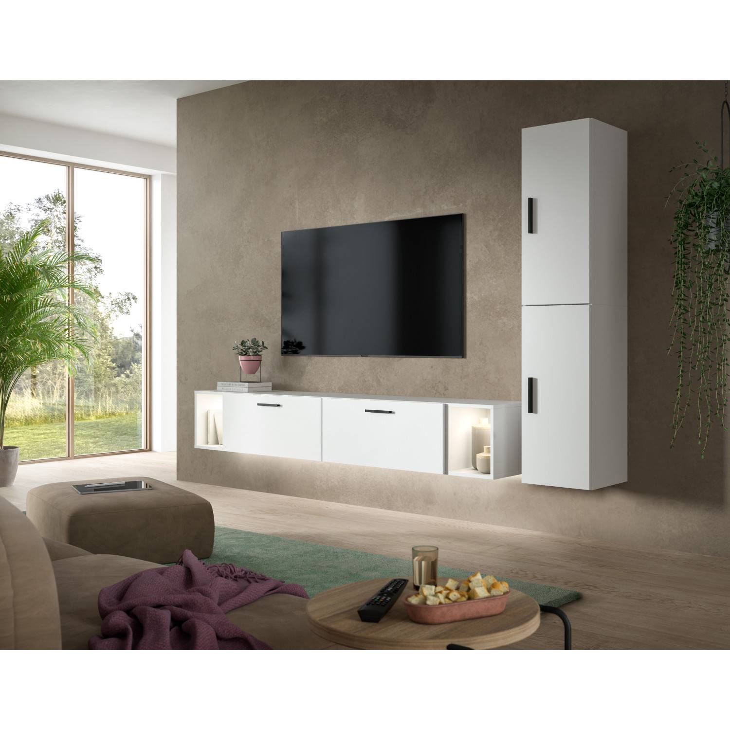 Moderne weiße Wohnwand mit Hängeschrank und TV-Board im Wohnzimmer Ambiente – Actionsa