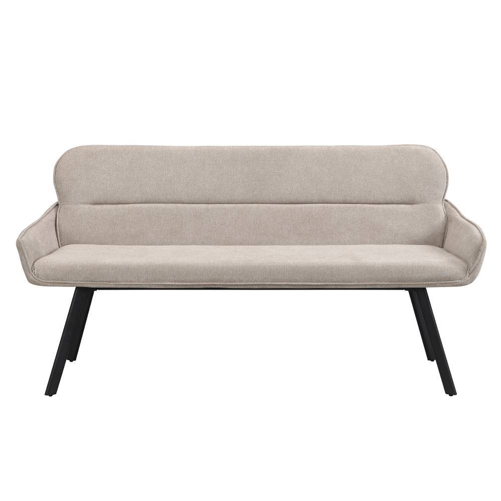 Gepolstertes Esszimmersofa in Taupe mit geraden schwarzen Metallbeinen von vorne – Fridoloria