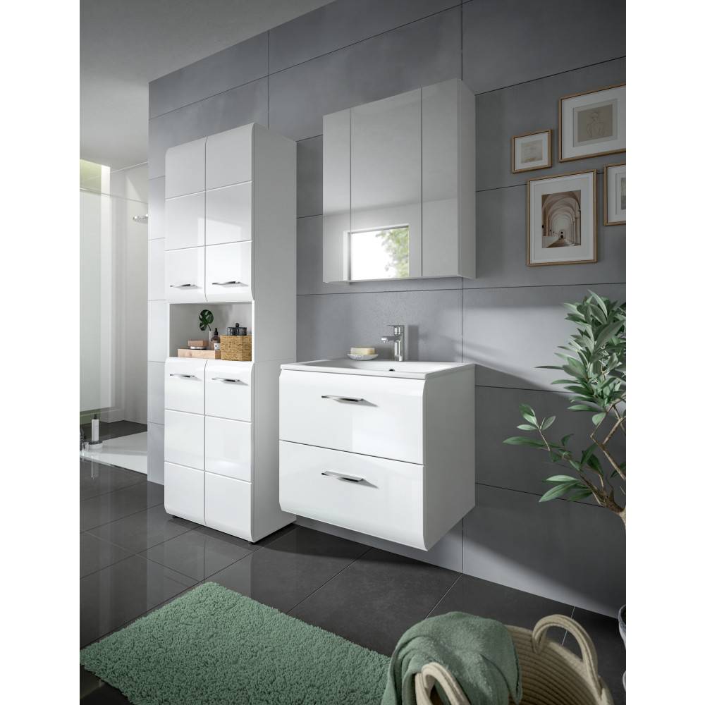 Modernes weißes Hochglanz Badmöbel Set im Badezimmer mit Hochschrank, Spiegelschrank und Waschtisch – Clona