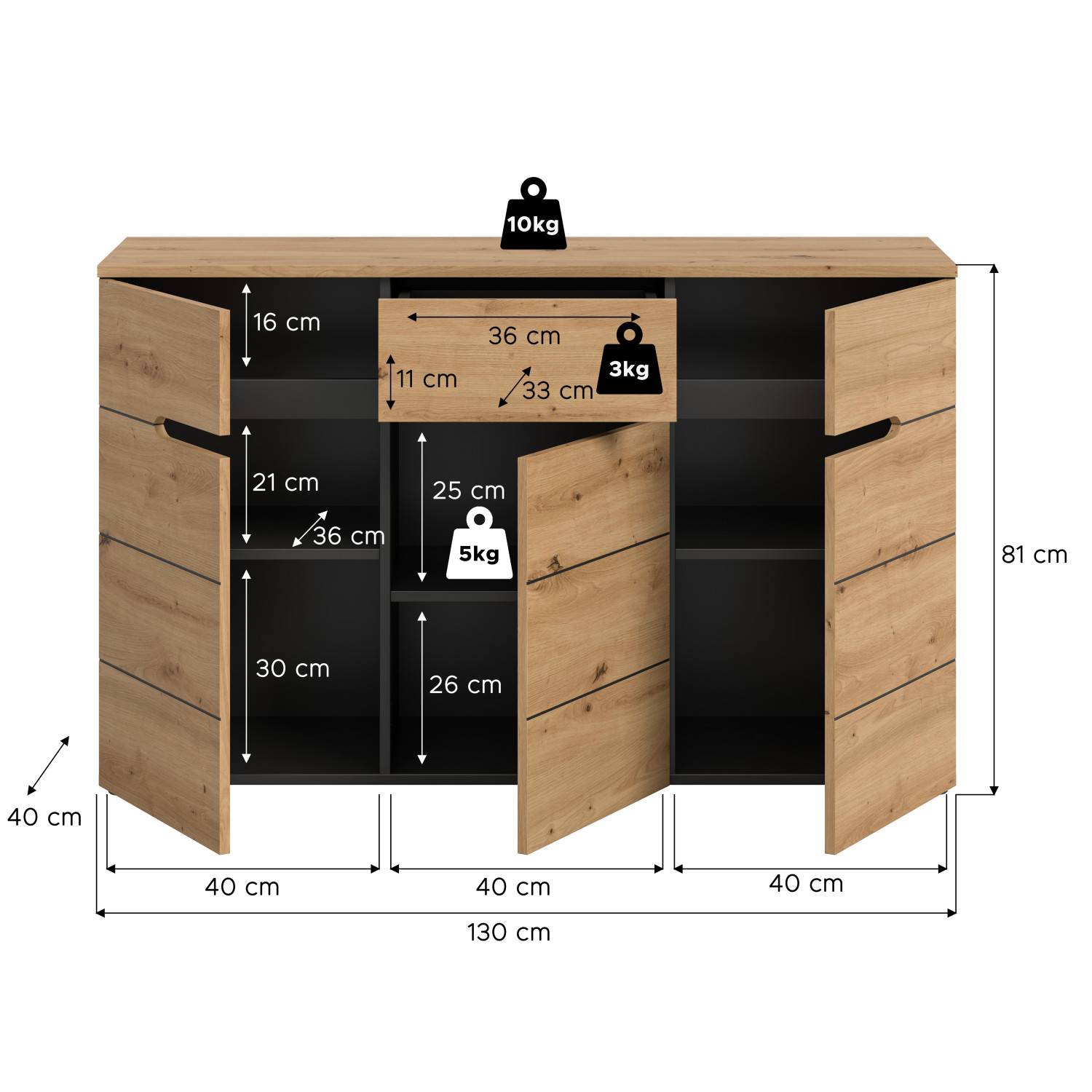 Sideboard Maße und Abmessungen mit Innenfächern und Traglastangaben in Holzoptik – Irysma