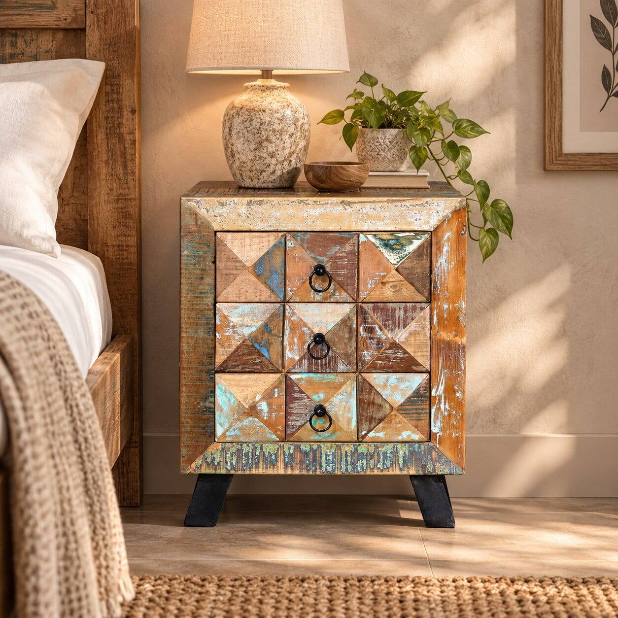 Shabby Design Nachtkommode aus Recyclingholz - Zeremonia