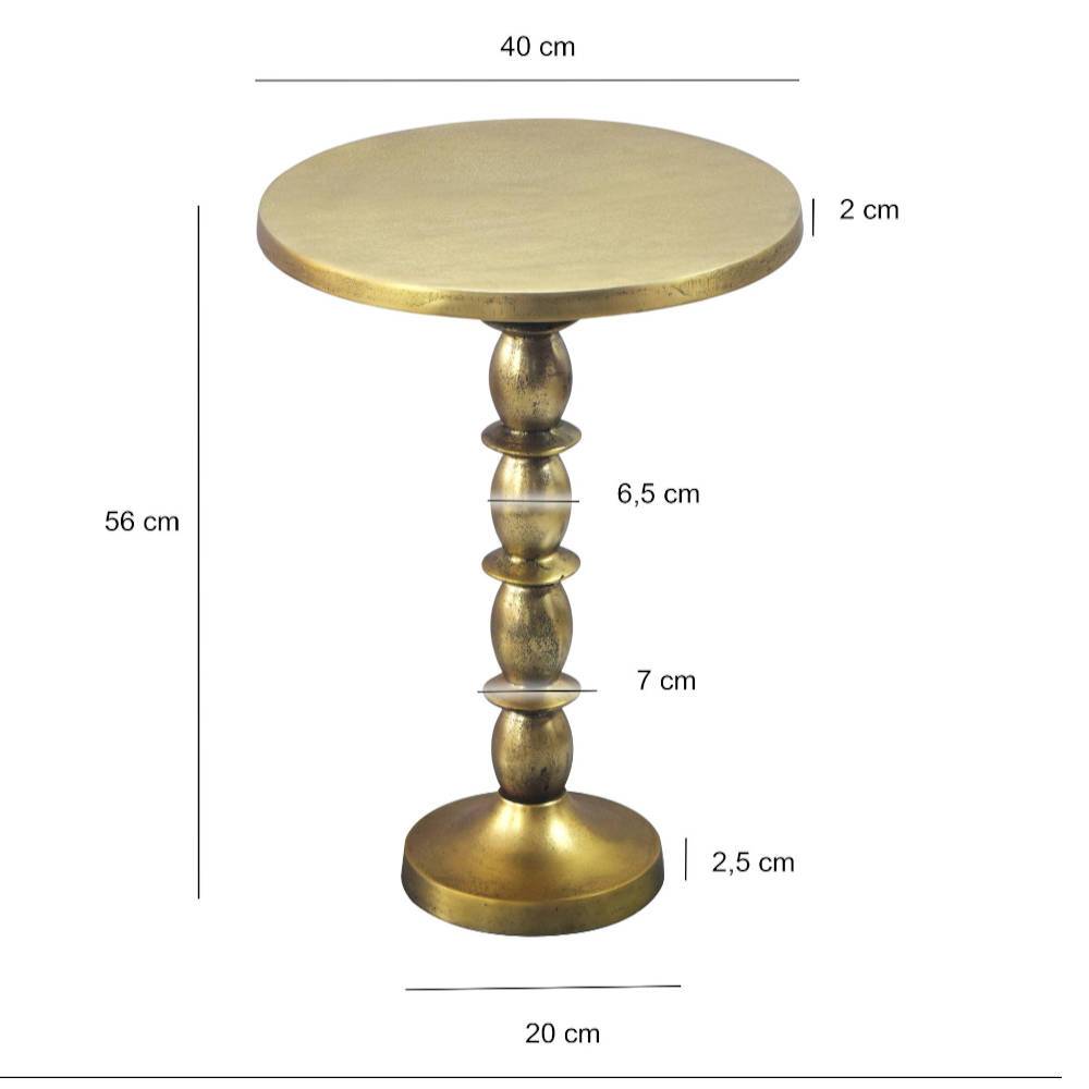 Goldener Beistelltisch Maße und Abmessungen des runden Tisches mit verzierter Säule – Qui