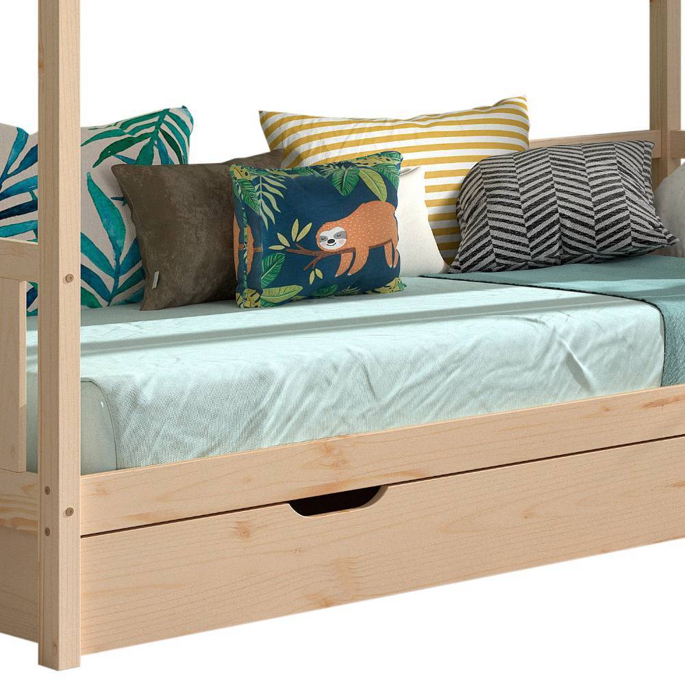 Kiefernholz Kinderbett mit praktischer Schublade und bunter Kissendekoration – Macress