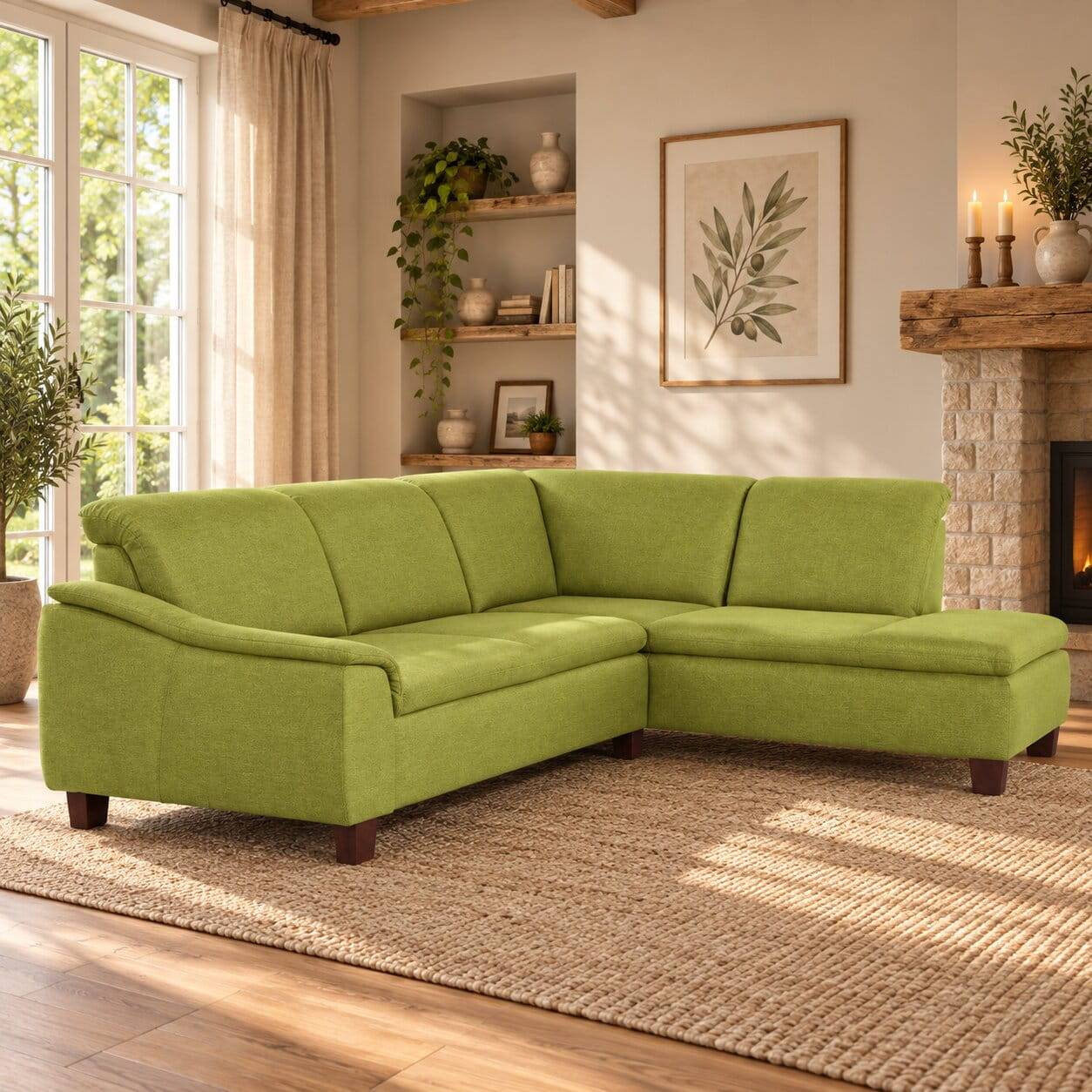 Ecksofa in Gelbgrün mit Nussbaum Braun - Zlatka