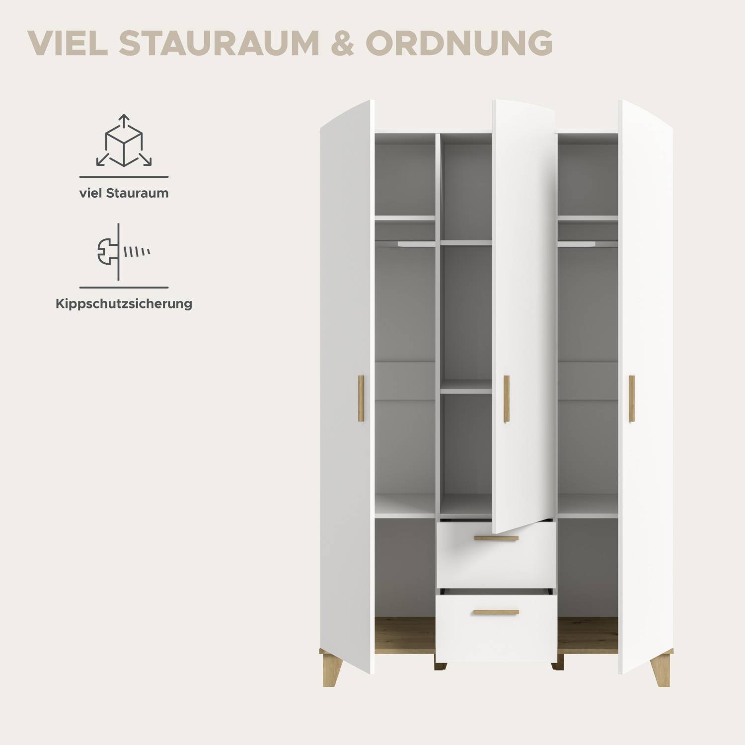 Kleiderschrank Infografik viel Stauraum und Kippschutzsicherung für sichere und geordnete Aufbewahrung – Lefona