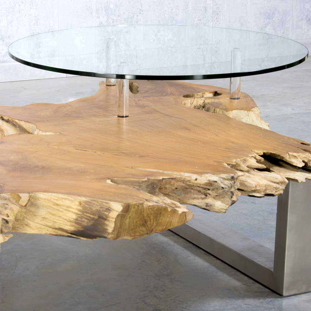 Baumkanten Designertisch Oltervas mit Extra Glasplatte rund