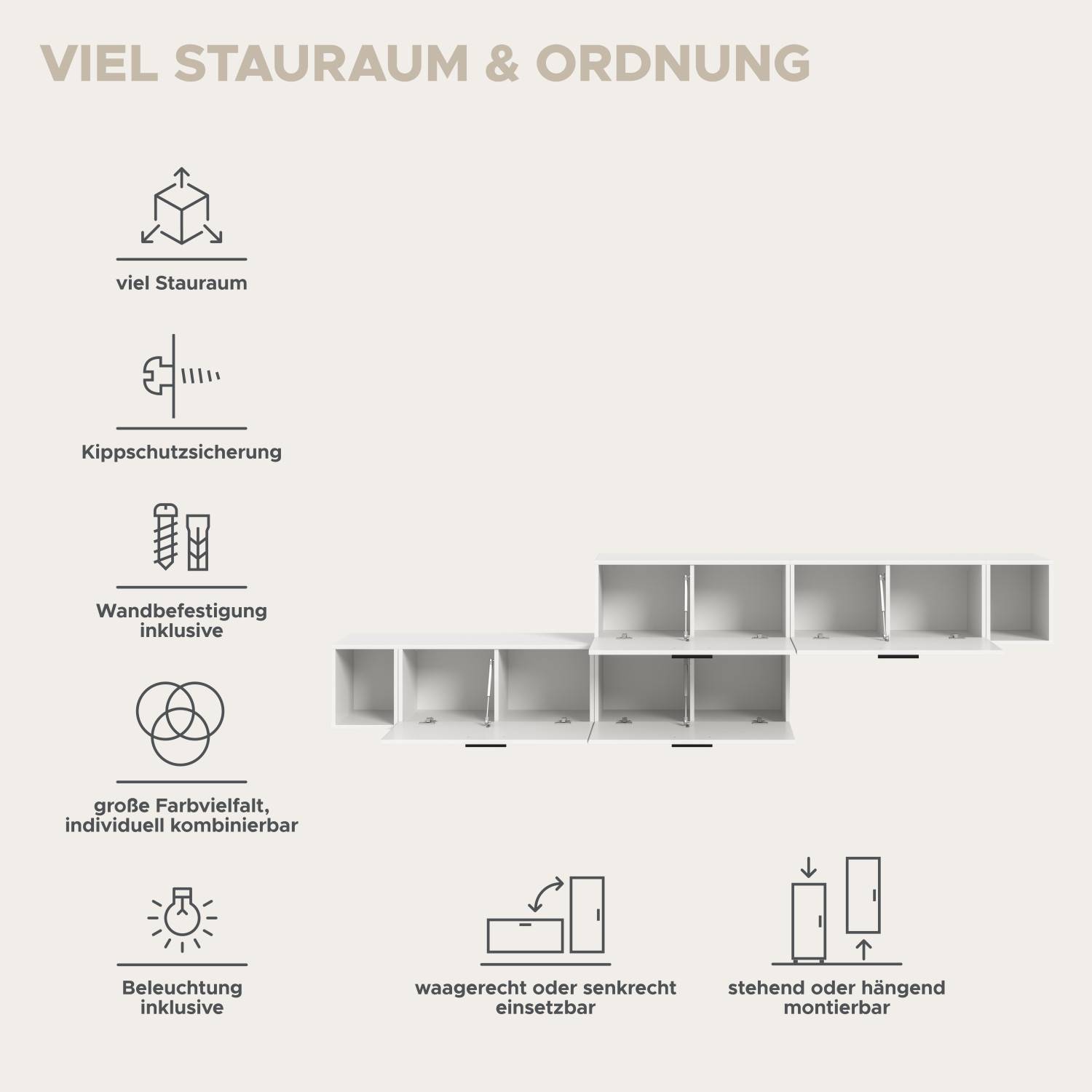 Funktionen der Medienwand: viel Stauraum, Kippschutz, Wandbefestigung und flexible Montage – Actionsa