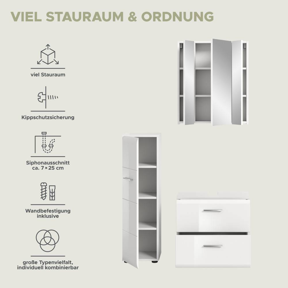 Funktionen des dreiteiligen Badezimmermöbelsets mit viel Stauraum, Kippschutz und Wandbefestigung – Clona