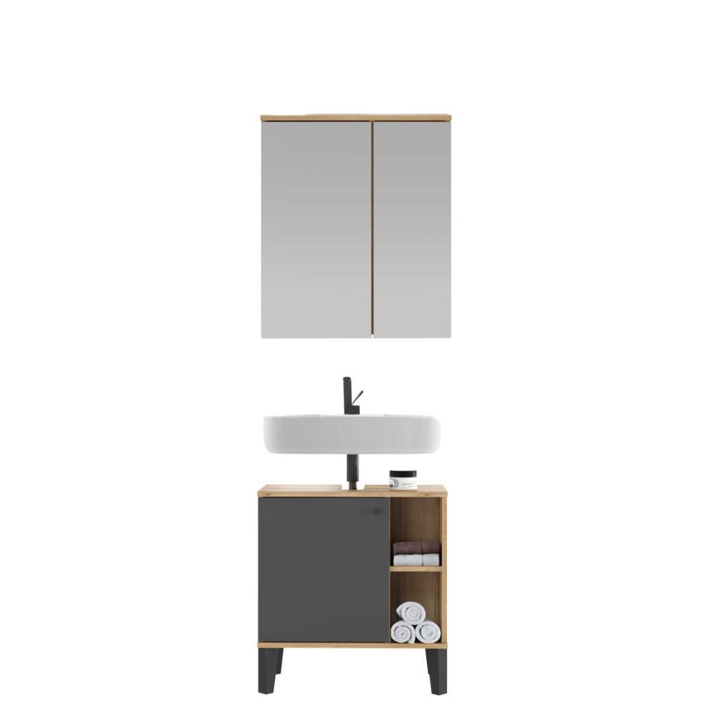Zweiteiliges Bad-Waschplatz-Set mit Spiegelschrank, Waschtisch und Unterschrank in Holzoptik – Niniana