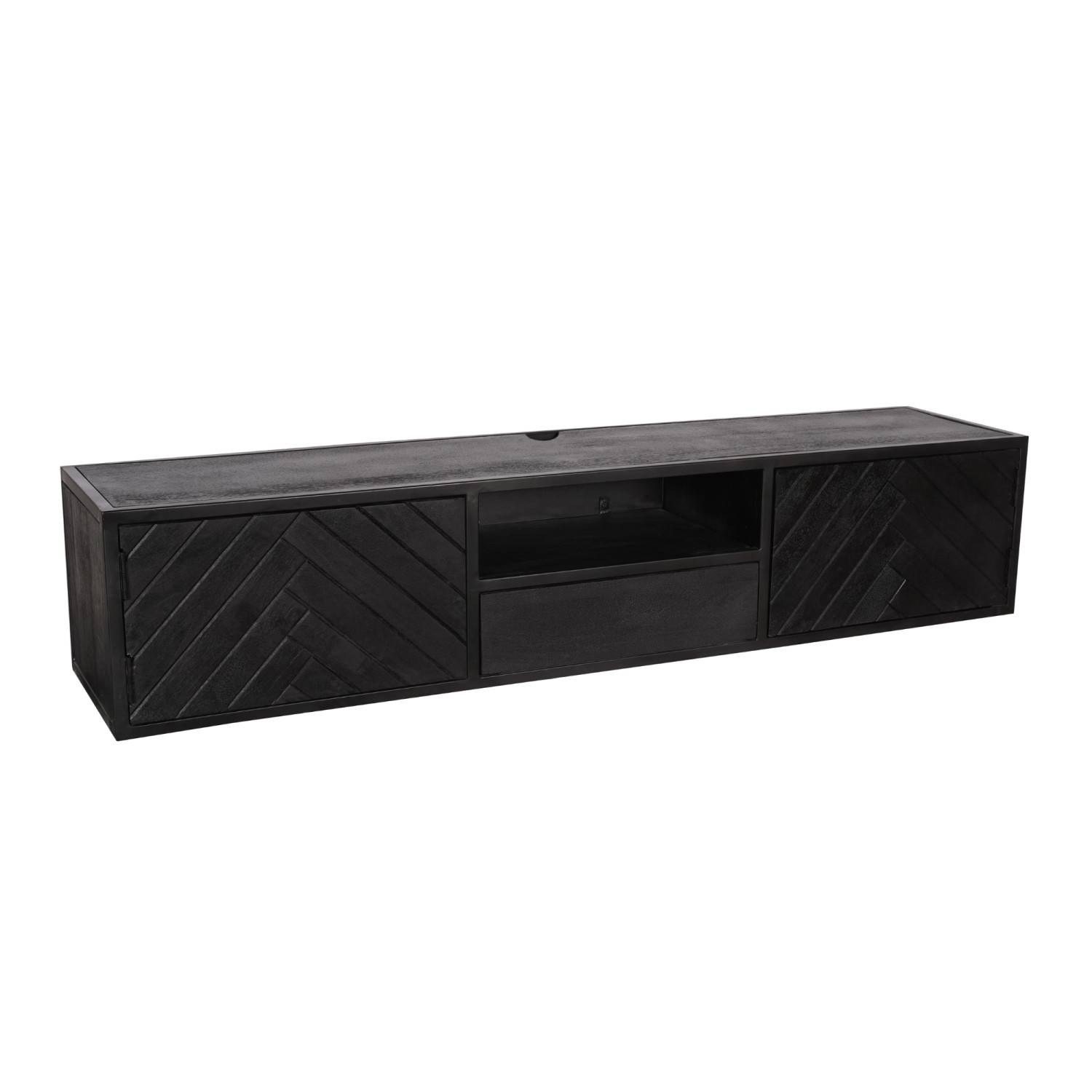 Schwarzes TV Board aus Mangoholz mit zwei Türen, offener Ablage und Schublade – Lida