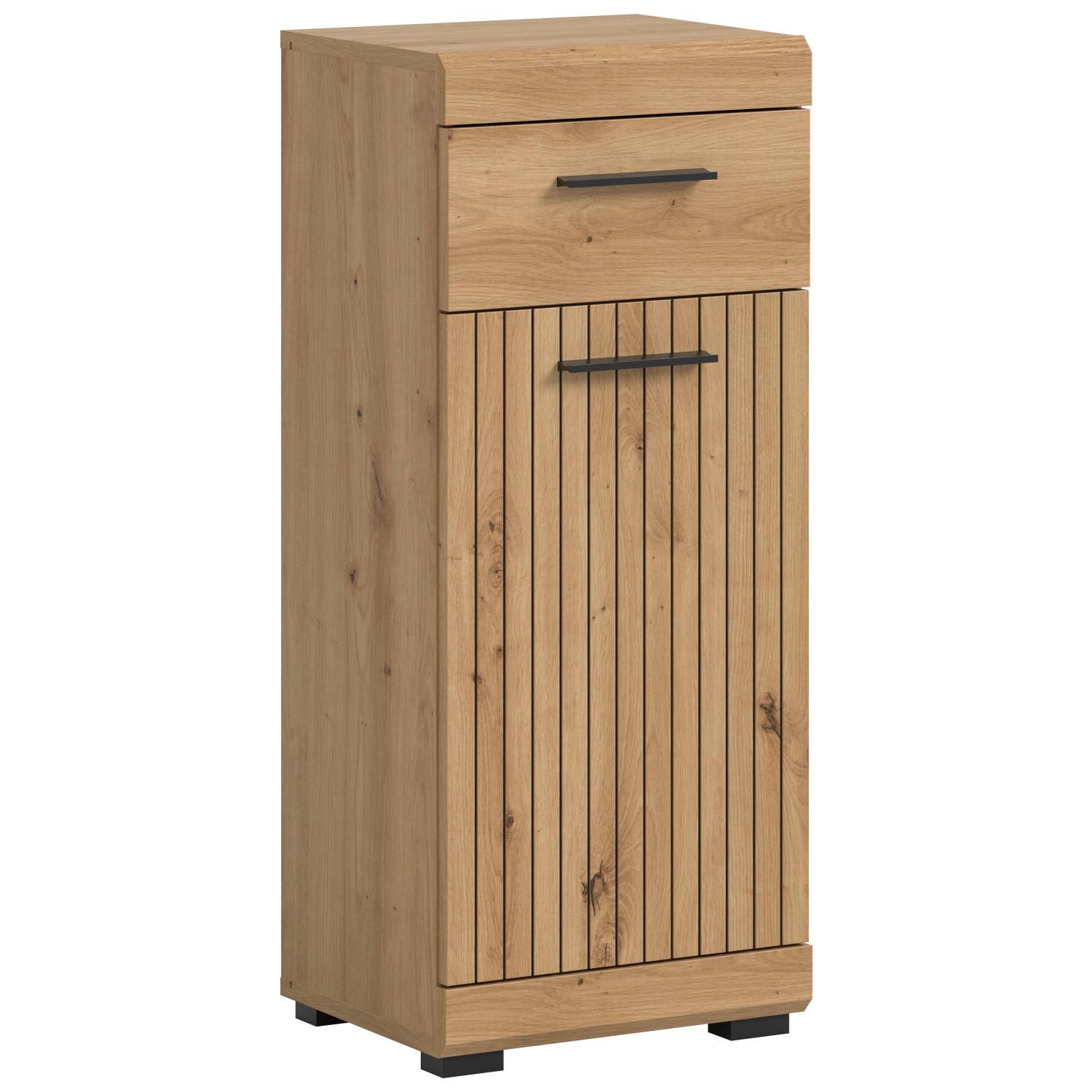 Heller Badschrank mit einer Schublade und Lamellenfronttür aus Holz für Stauraum im Badezimmer – Lasewood