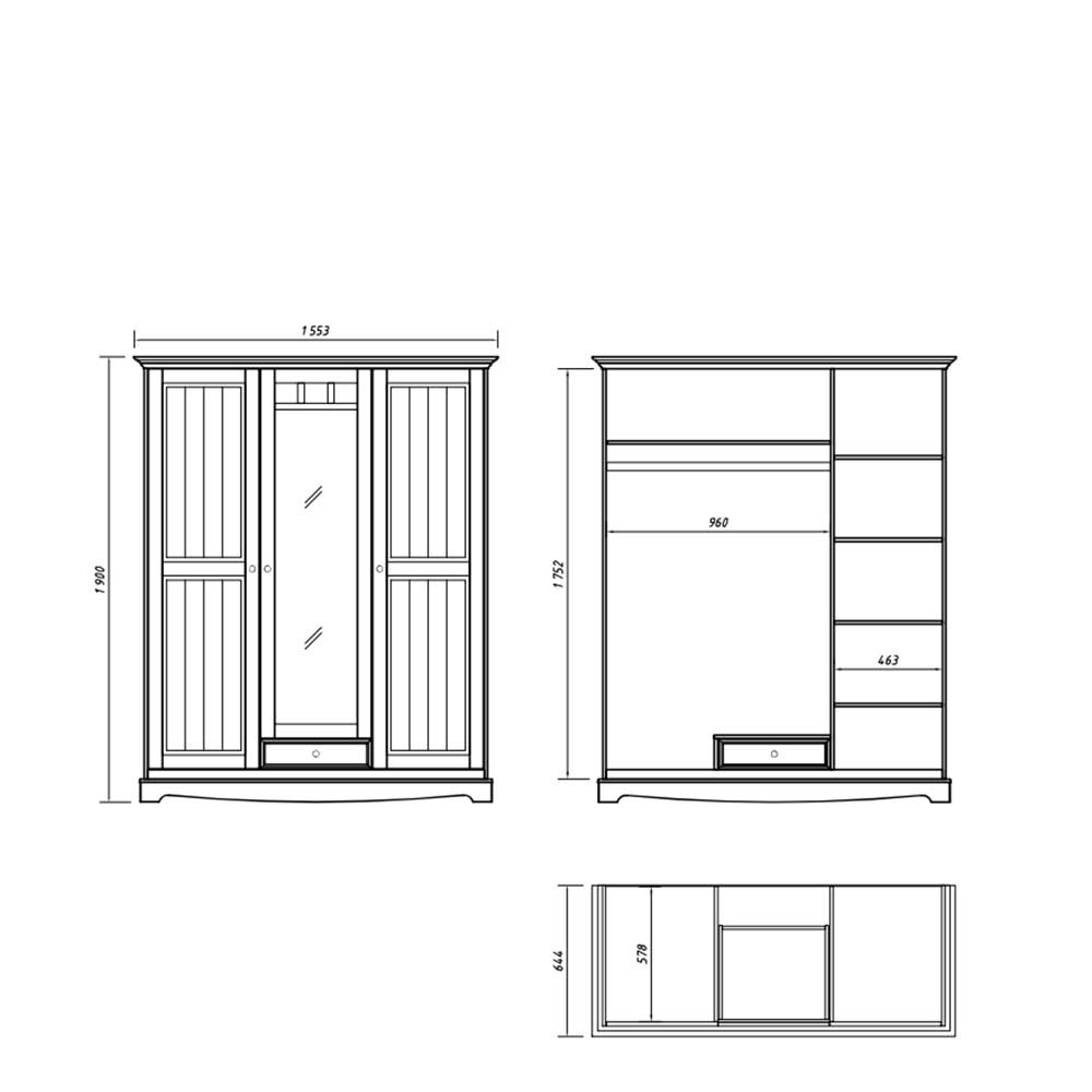 3-türiger Landhaus Kleiderschrank in Weiß lackiert - Indico