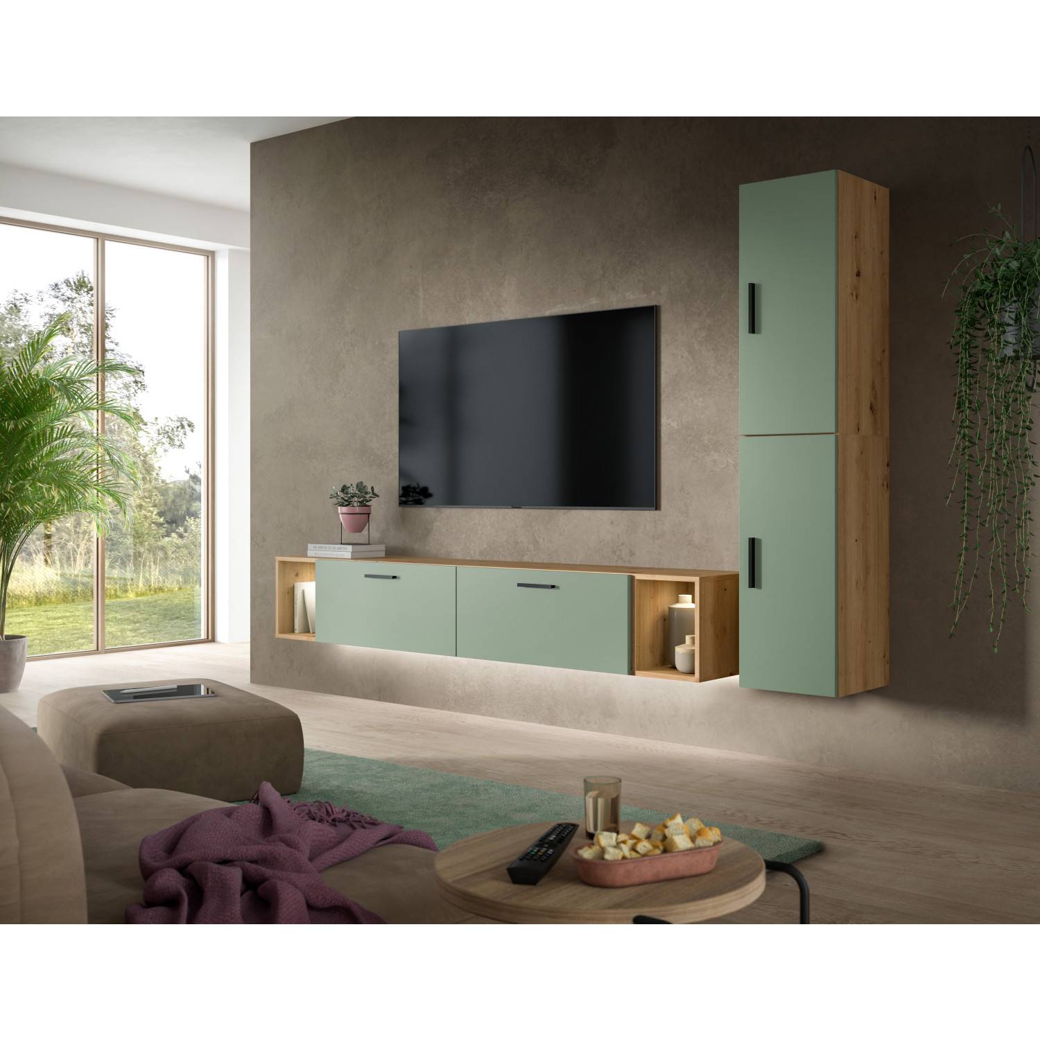 Moderne Wohnwand mit hängendem Lowboard und Hochschrank in Eichenoptik und Salbeigrün – Jonni