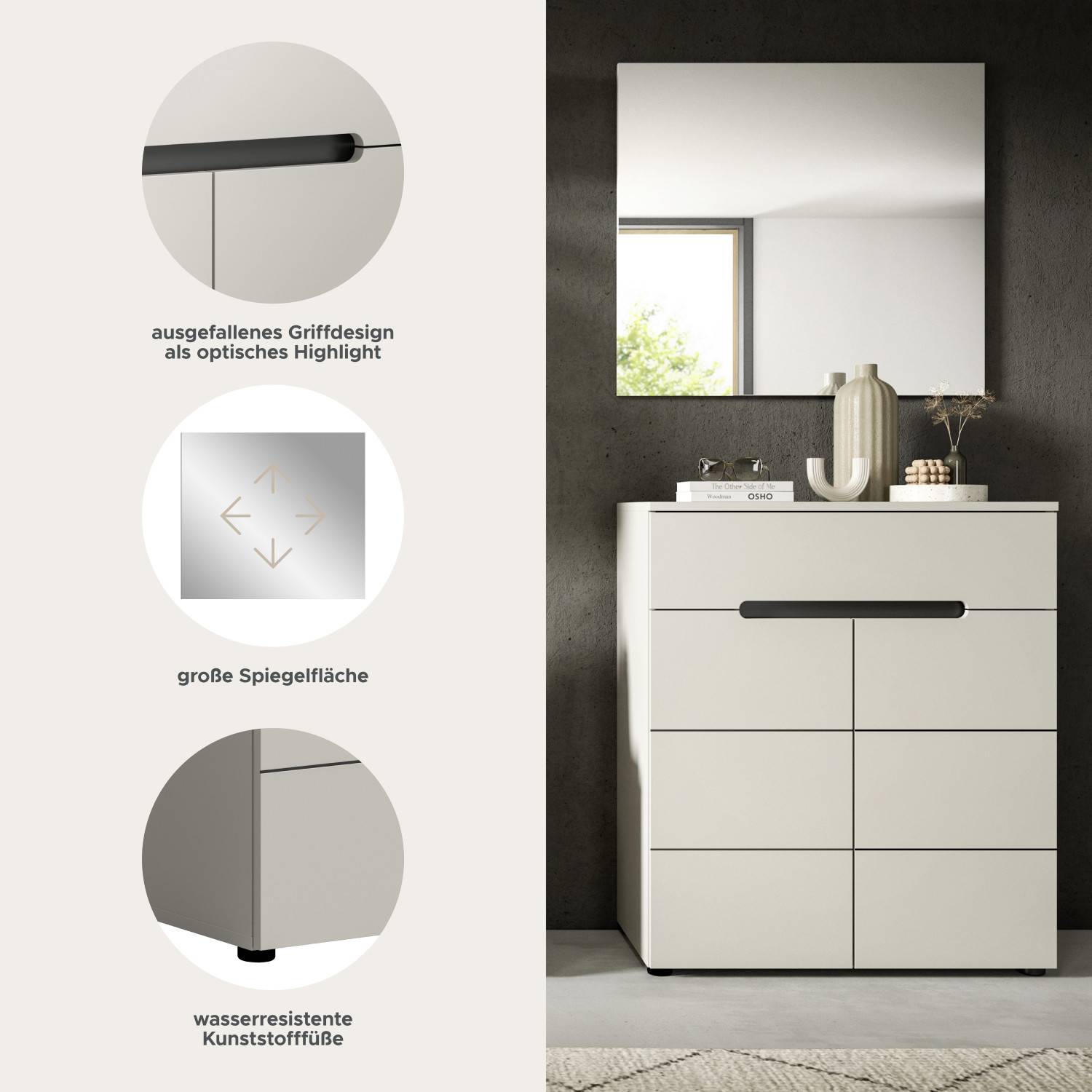 Garderobenkommode mit auffälligem Griffdesign, großer Spiegelfläche und wasserresistenten Füßen – Elvadia