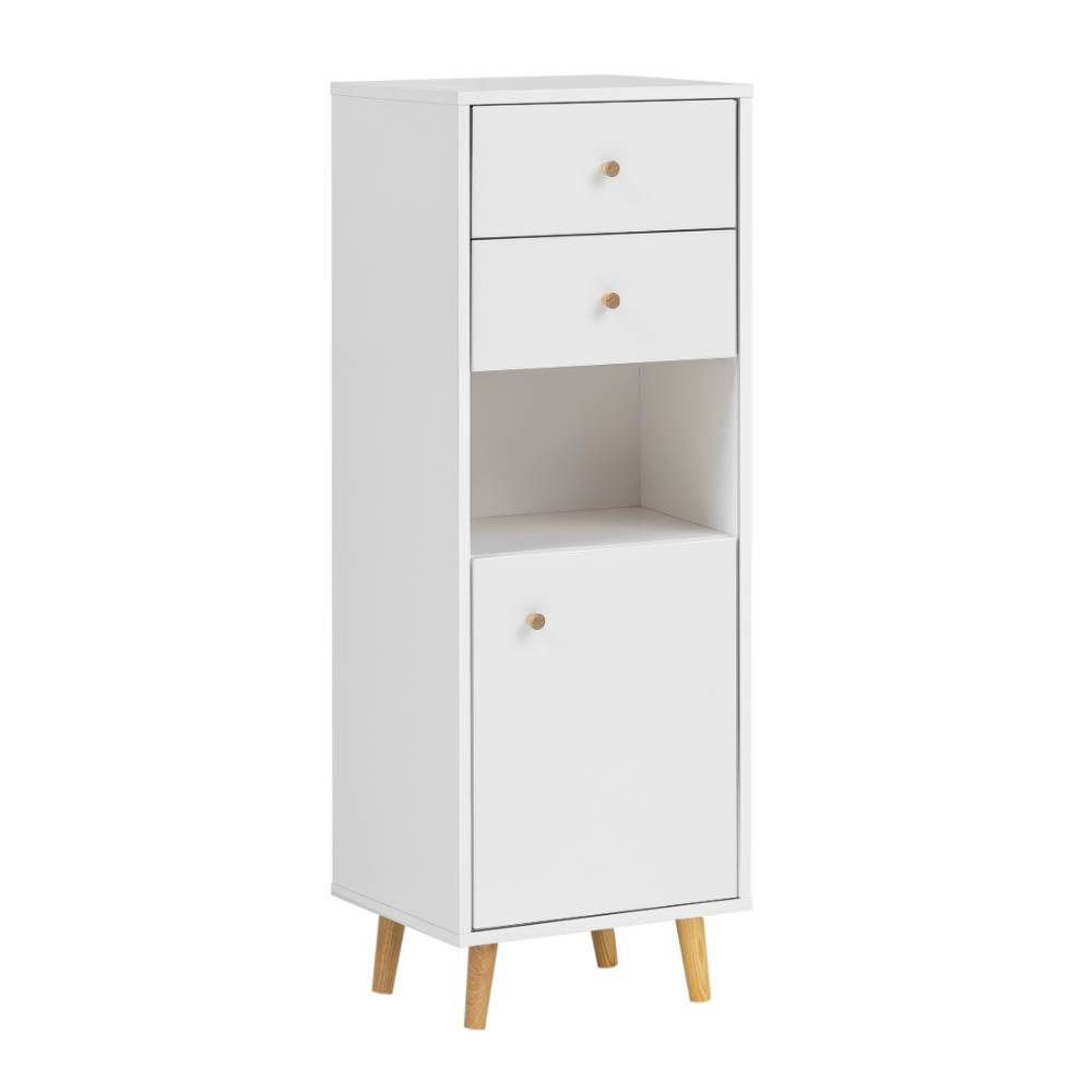 114 cm hoher Badschrank in Mattweiß mit Eiche - Anuta
