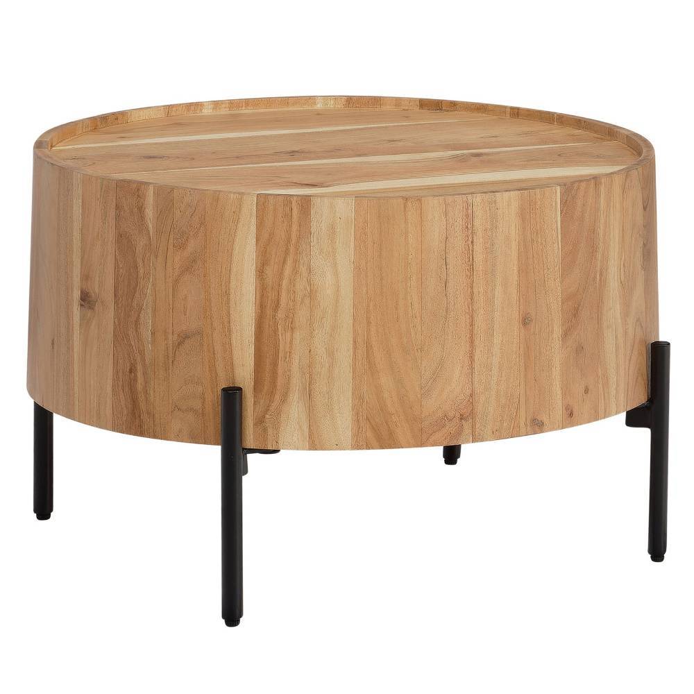 Runder Couchtisch aus massivem Akazienholz mit schwarzen Metallbeinen im modernen Design – Haruki