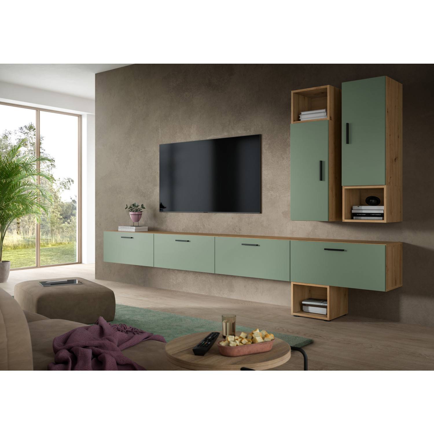 Wandhängende Mediawand in Artisan Oak Rauchgrün - Jonni (vierteilig)