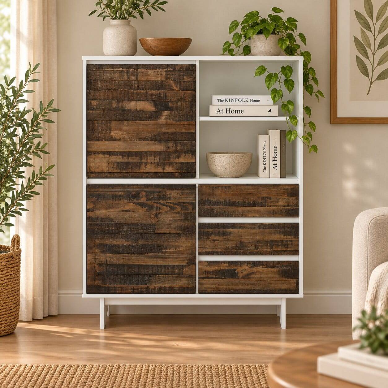 100x120x35 Highboard in Weiß & Kiefer dunkel - Chihu