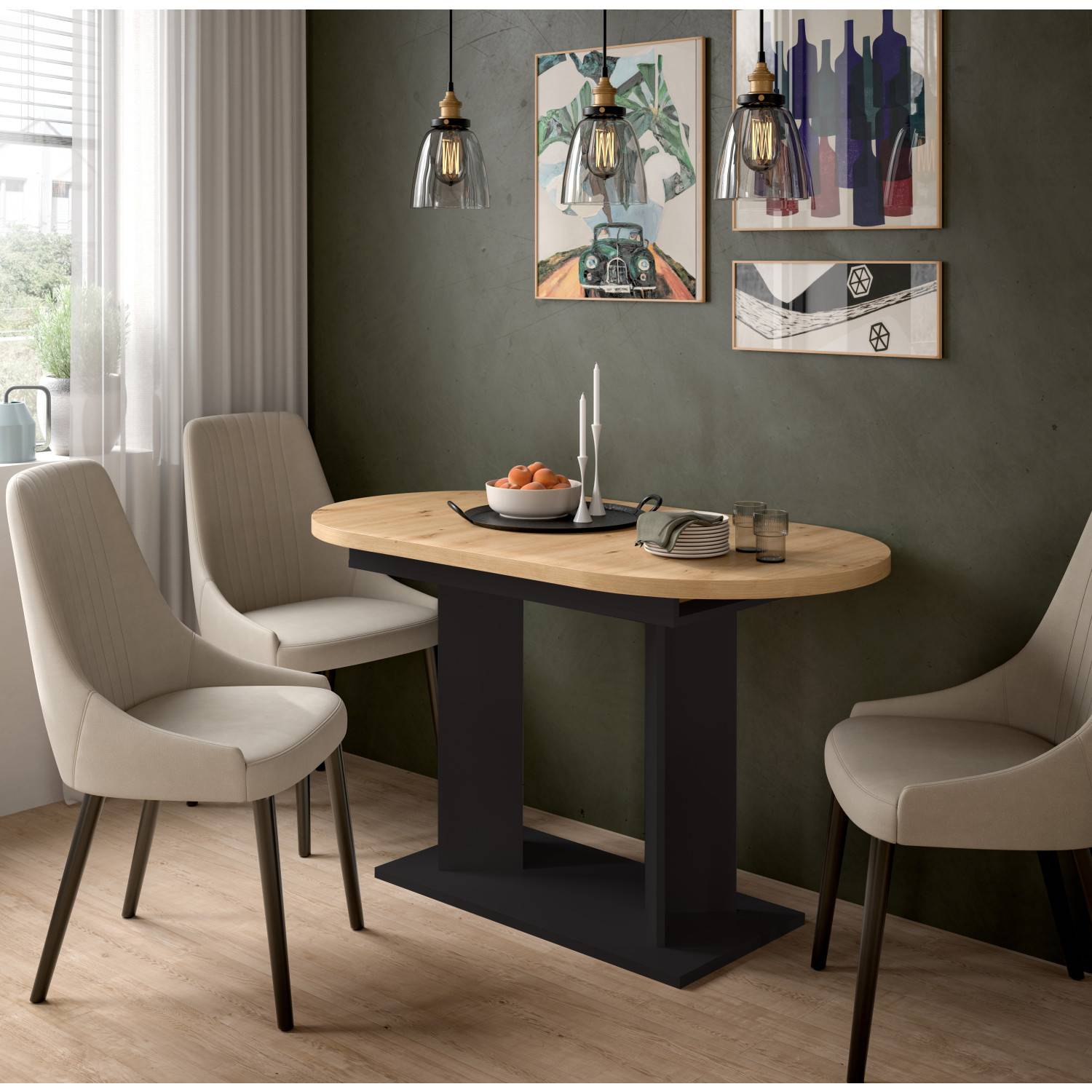 Ovaler Esstisch aus Holz und Metall, umgeben von zwei hellen Stühlen in modernem Esszimmer – Norjan