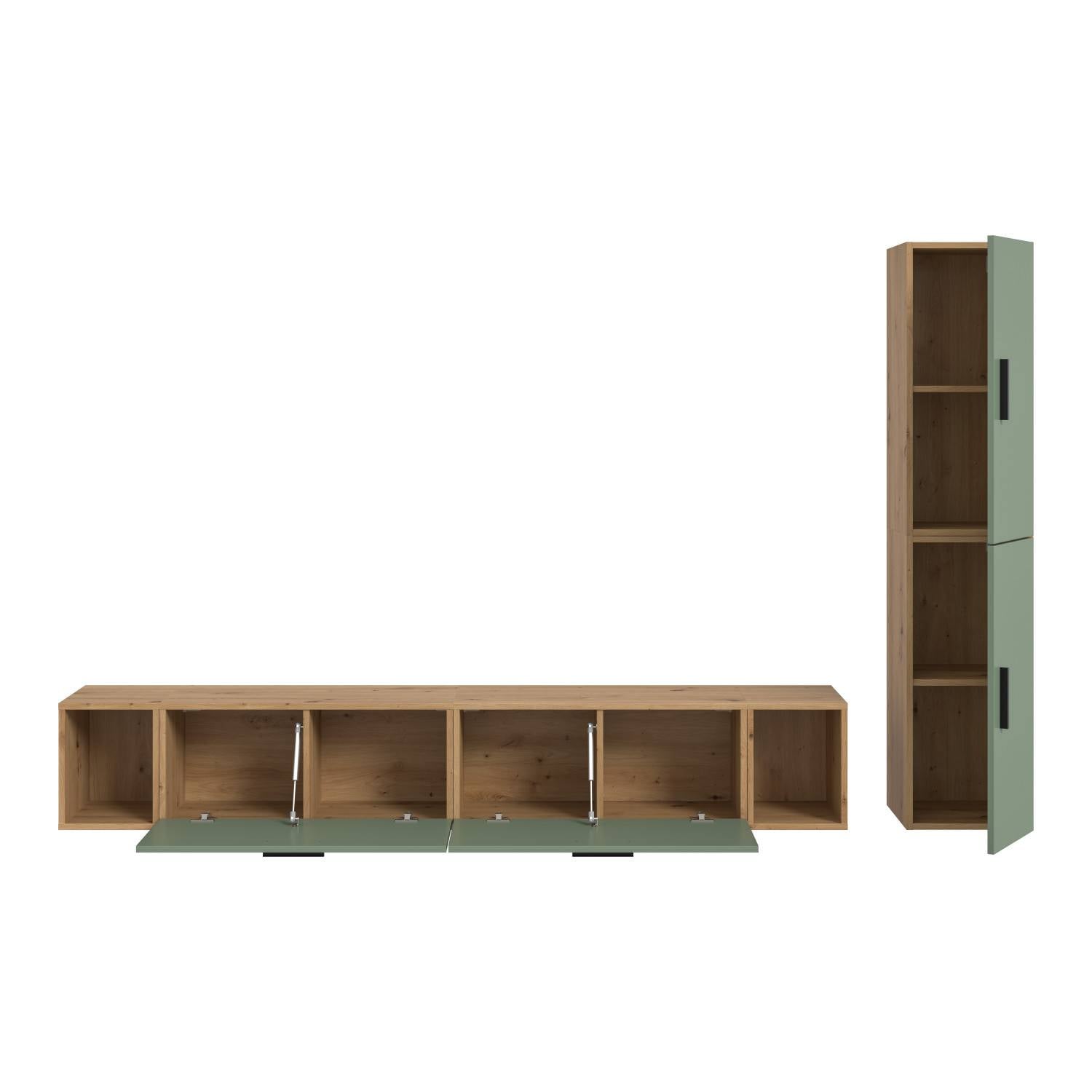 TV Board und Hochschrank in Eiche Nachbildung mit grünen Fronten, Türen offen – Jonni