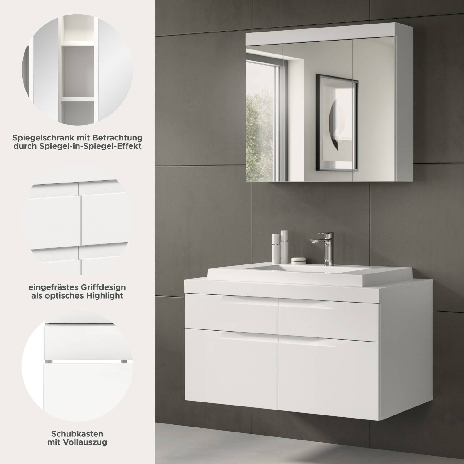 Weißes Badezimmermöbel Set mit Spiegelschrank, grifflosen Schubkästen und Vollauszug – Bruna