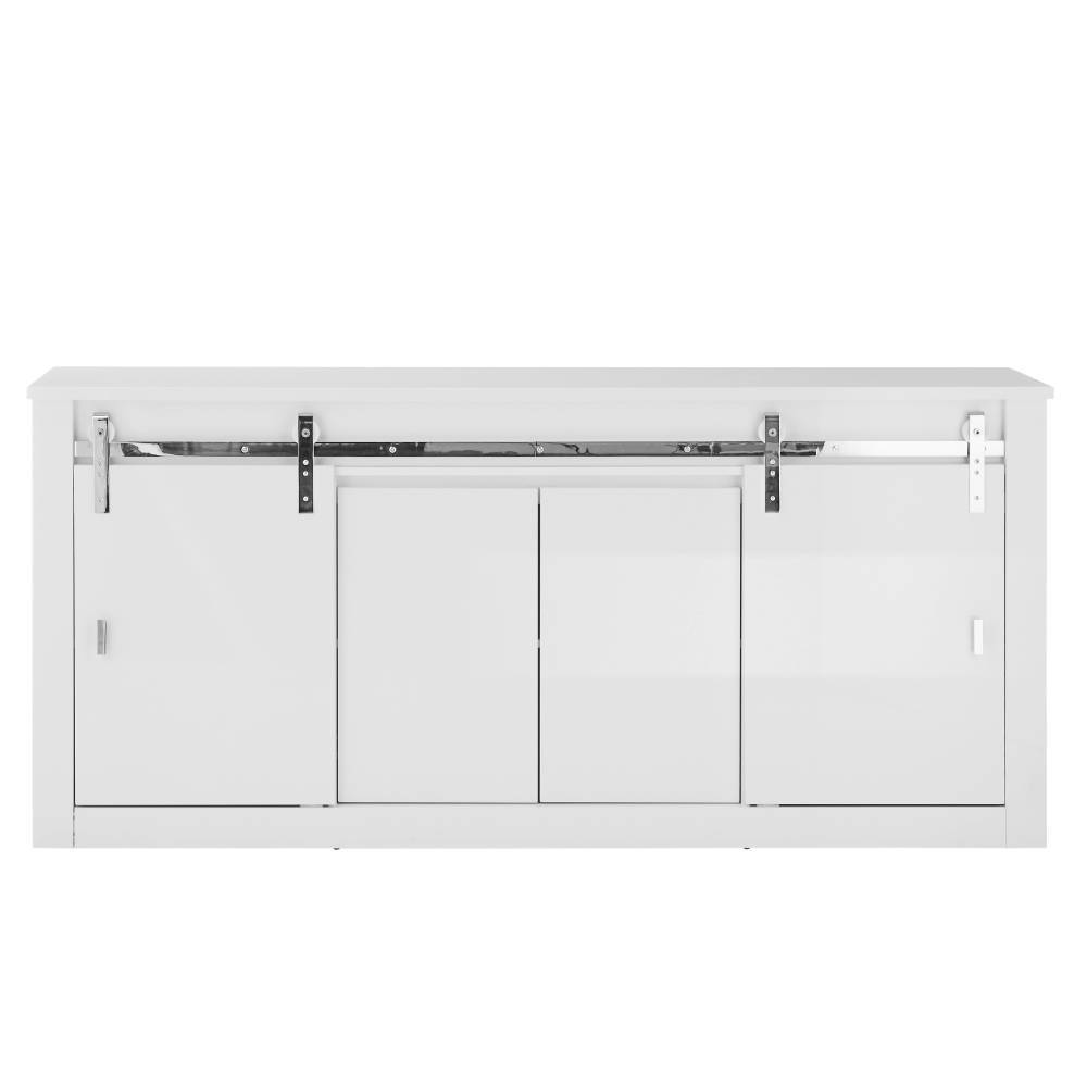 Weißes Sideboard mit zwei geschlossenen Schiebetüren und silbernen Beschlägen frontal – Memphys