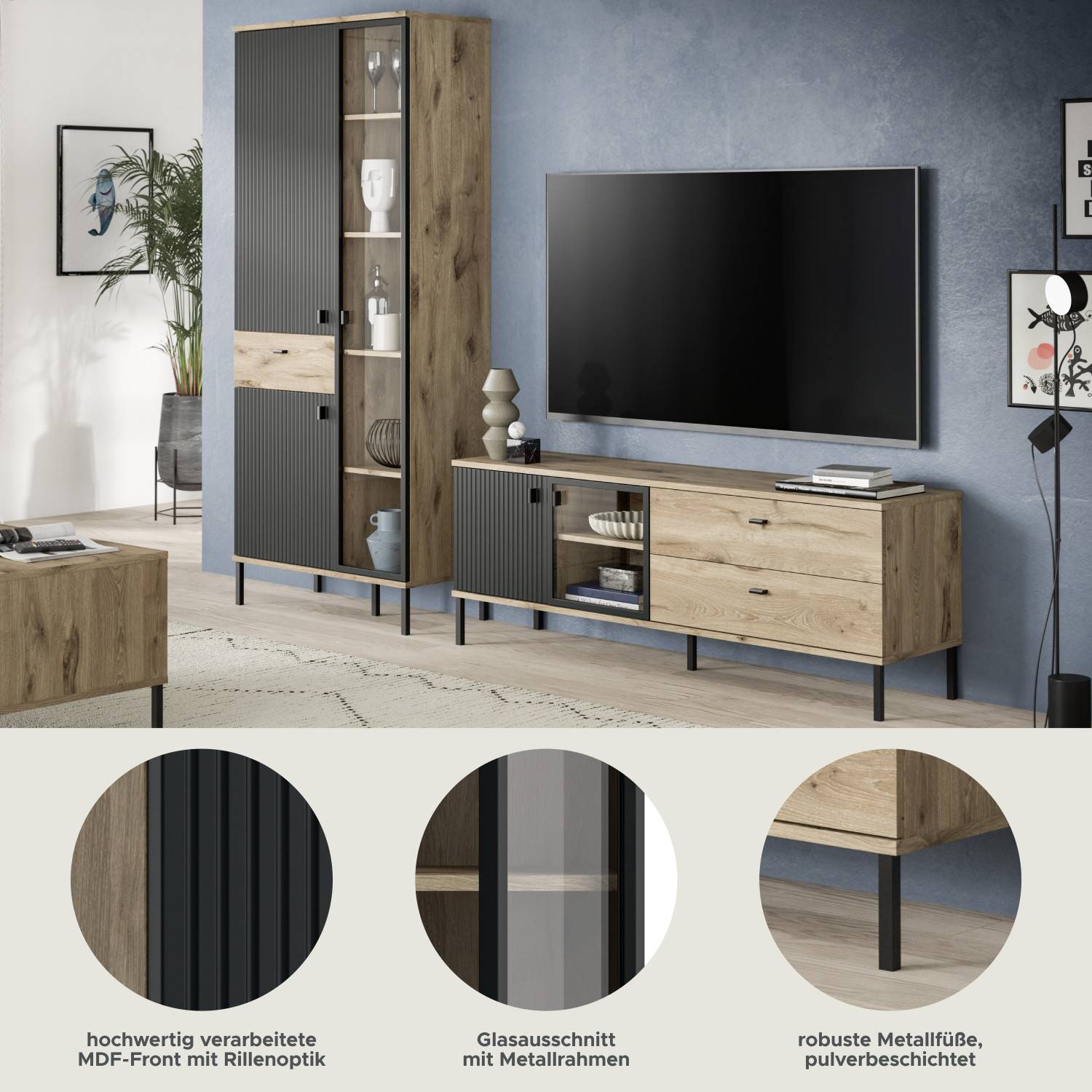 Hochwertige MDF-Front mit Rillenoptik, Glaseinsatz und robuste Metallfüße der Wohnwand – Rasmus
