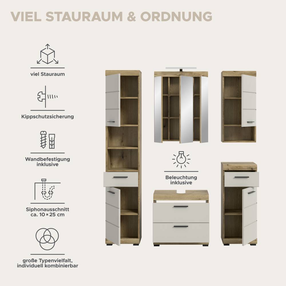 Waschplatz Set fünfteilig mit viel Stauraum, Kippschutz, Wandbefestigung und Beleuchtung – Casserra