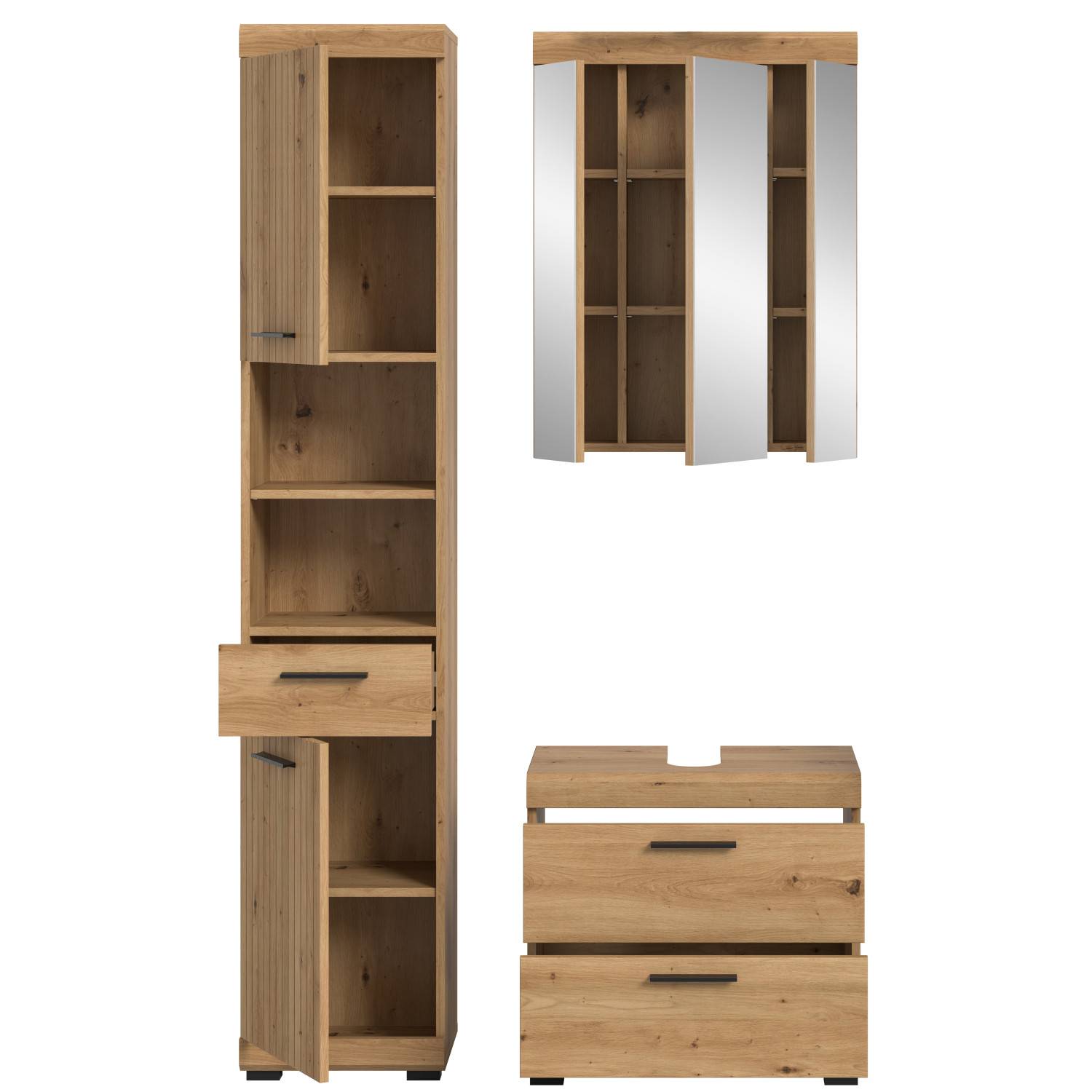 Dreiteiliges Badezimmermöbel Set in Artisan Nachbildung, bestehend aus Hochschrank, Spiegelschrank und Waschtischunterschrank – Lasewood